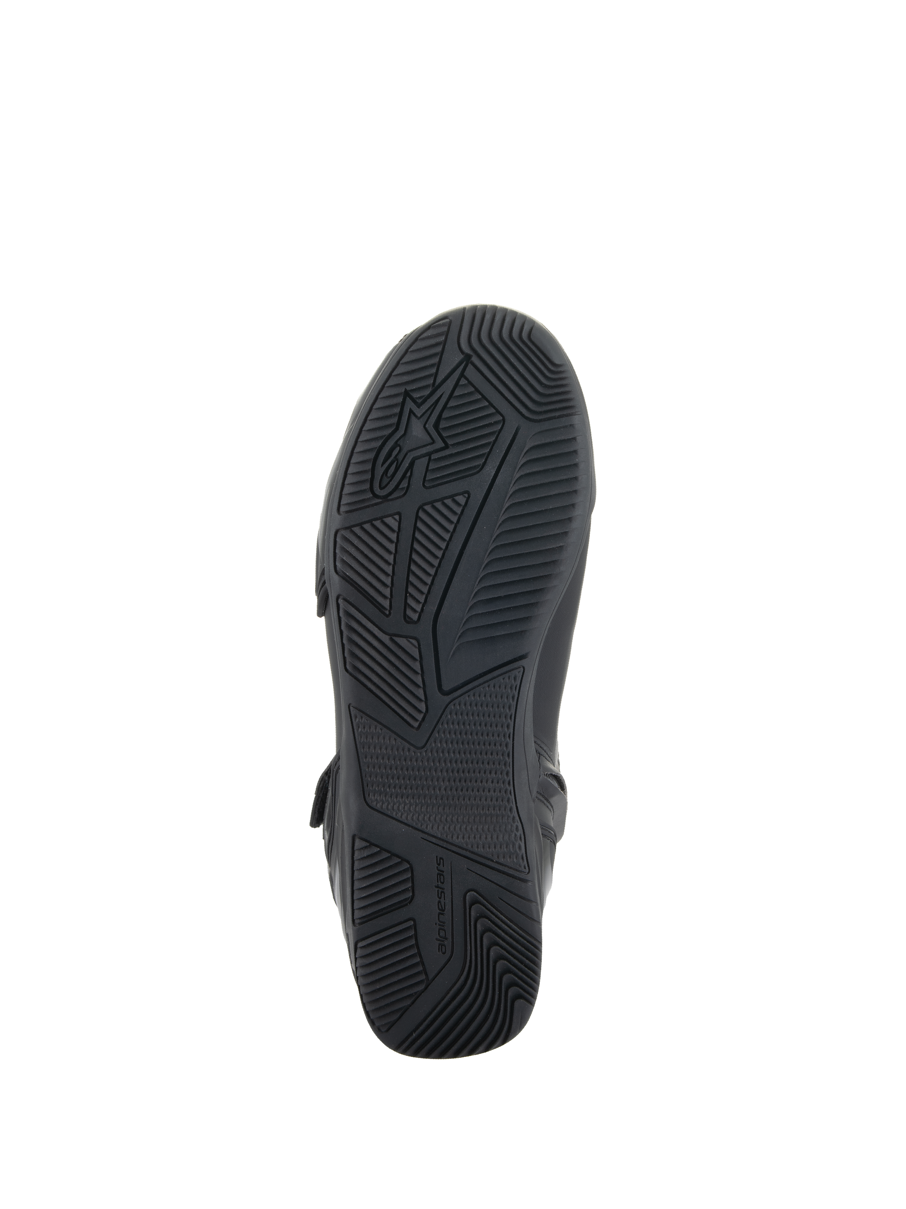 Alpinestars Superfaster Shoes, Black, bottom view showing the rubber sole with engineered grip and tread patterns, featuring the Alpinestars logo and branding, designed for motorcycle riding stability.