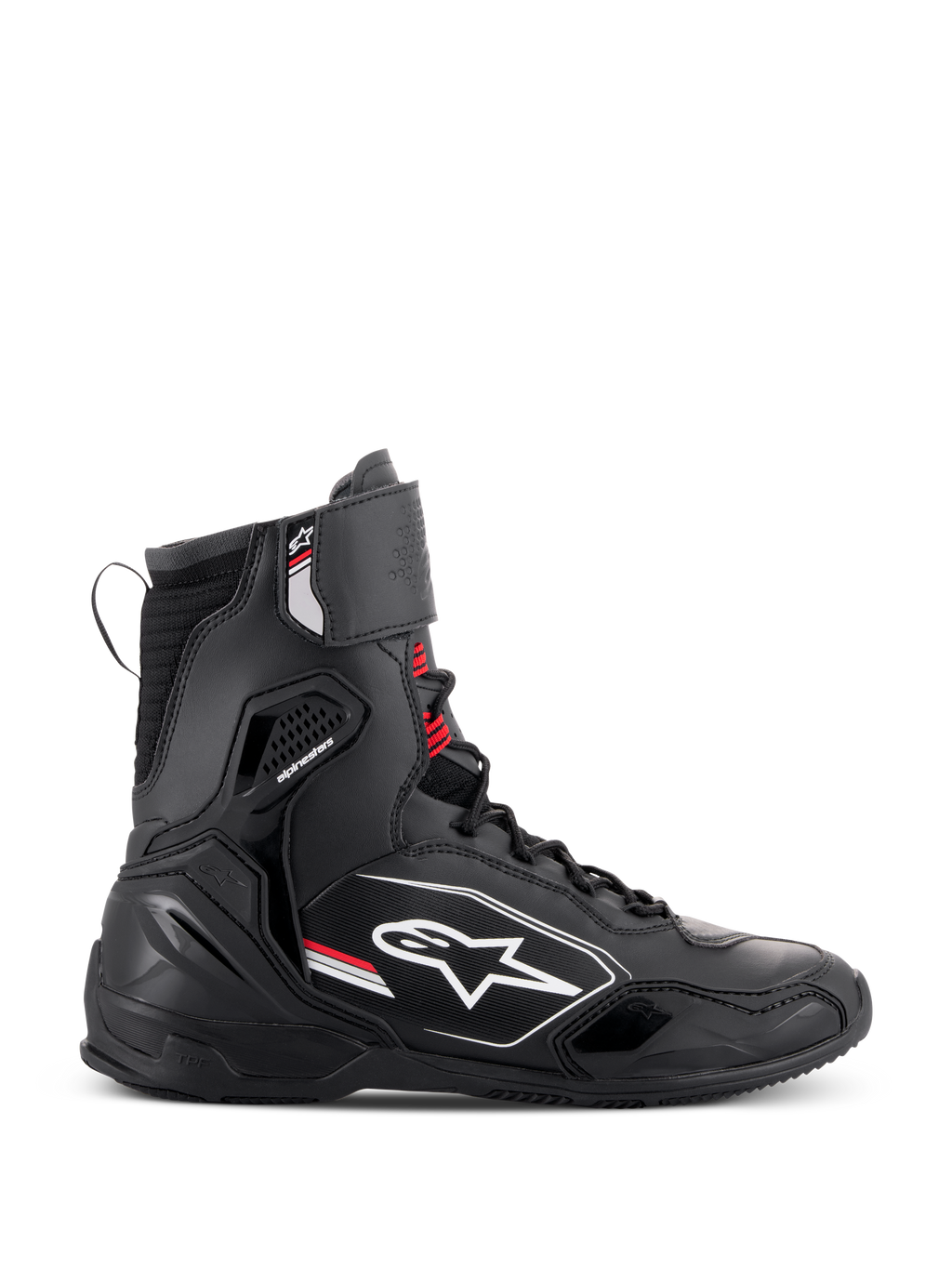 Alpinestars Superfaster Shoes, high-cut motorcycle riding shoes, Black Gray and Bright Red, side profile view featuring the white Alpinestars logo, reinforced ankle and heel protection, lace-up system with a top strap.