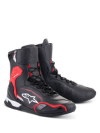 Alpinestars Superfaster Shoes, Motorcycle Riding Shoes, Black Bright Red and White, high-top design with speed lace system, reinforced ankle and heel protection, featuring Alpinestars branding and technical microfiber construction