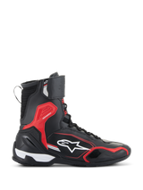 Alpinestars Superfaster Shoes, Black Bright Red and White, high-top motorcycle riding shoe with microfiber and Rideknit panels, featuring red protective TPU accents and a white star logo on the side.