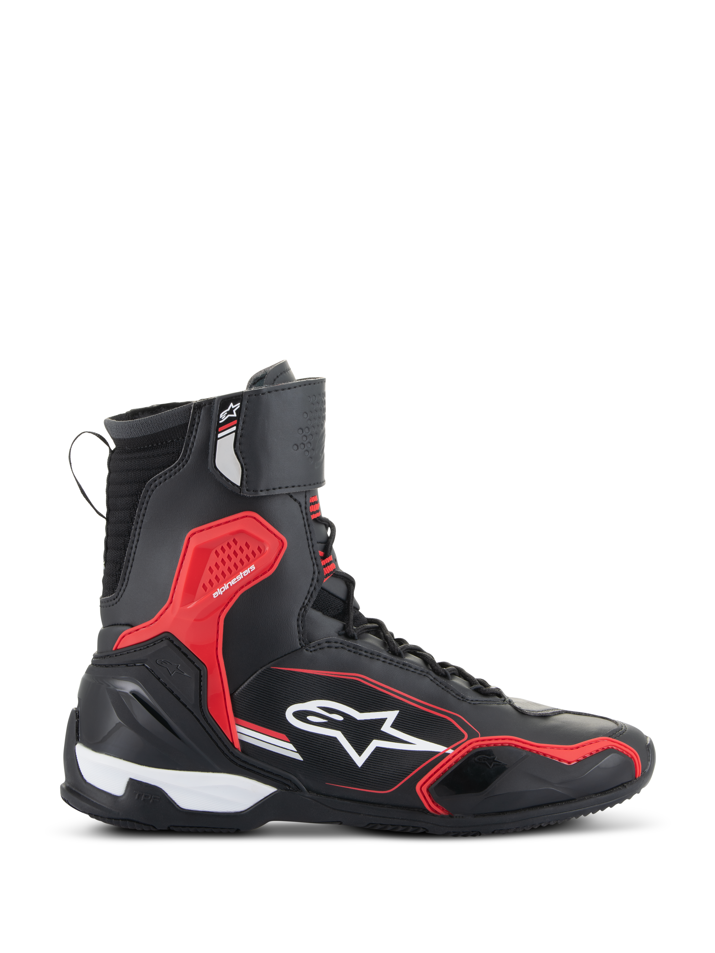Alpinestars Superfaster Shoes, Black Bright Red and White, high-top motorcycle riding shoe with microfiber and Rideknit panels, featuring red protective TPU accents and a white star logo on the side.