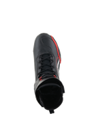 Alpinestars Superfaster Shoes, Motorcycle Riding Shoes, Black Bright Red and White, top-down view showing speed lace system and high-top collar, professional gear for road and sport riding
