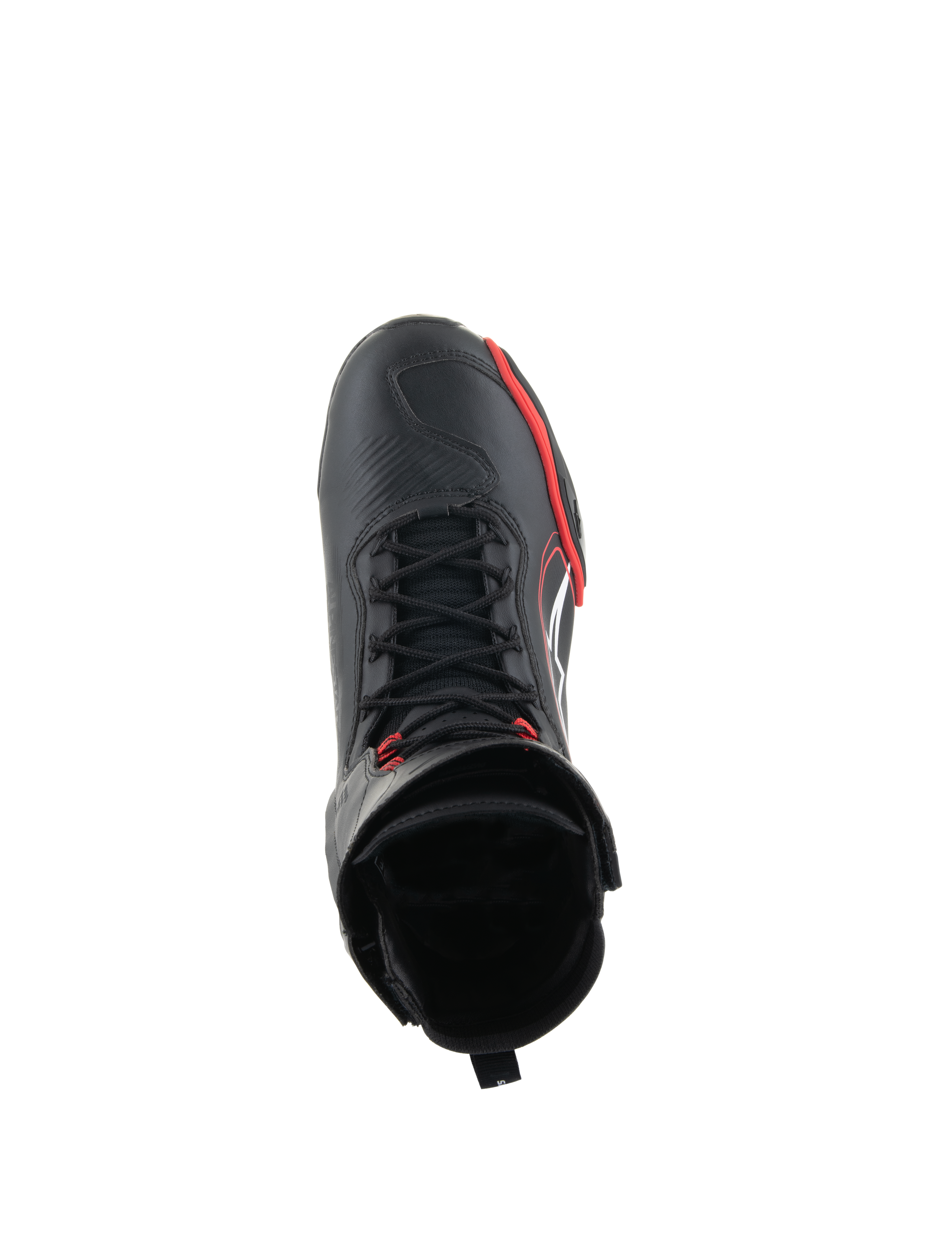 Alpinestars Superfaster Shoes, Motorcycle Riding Shoes, Black Bright Red and White, top-down view showing speed lace system and high-top collar, professional gear for road and sport riding