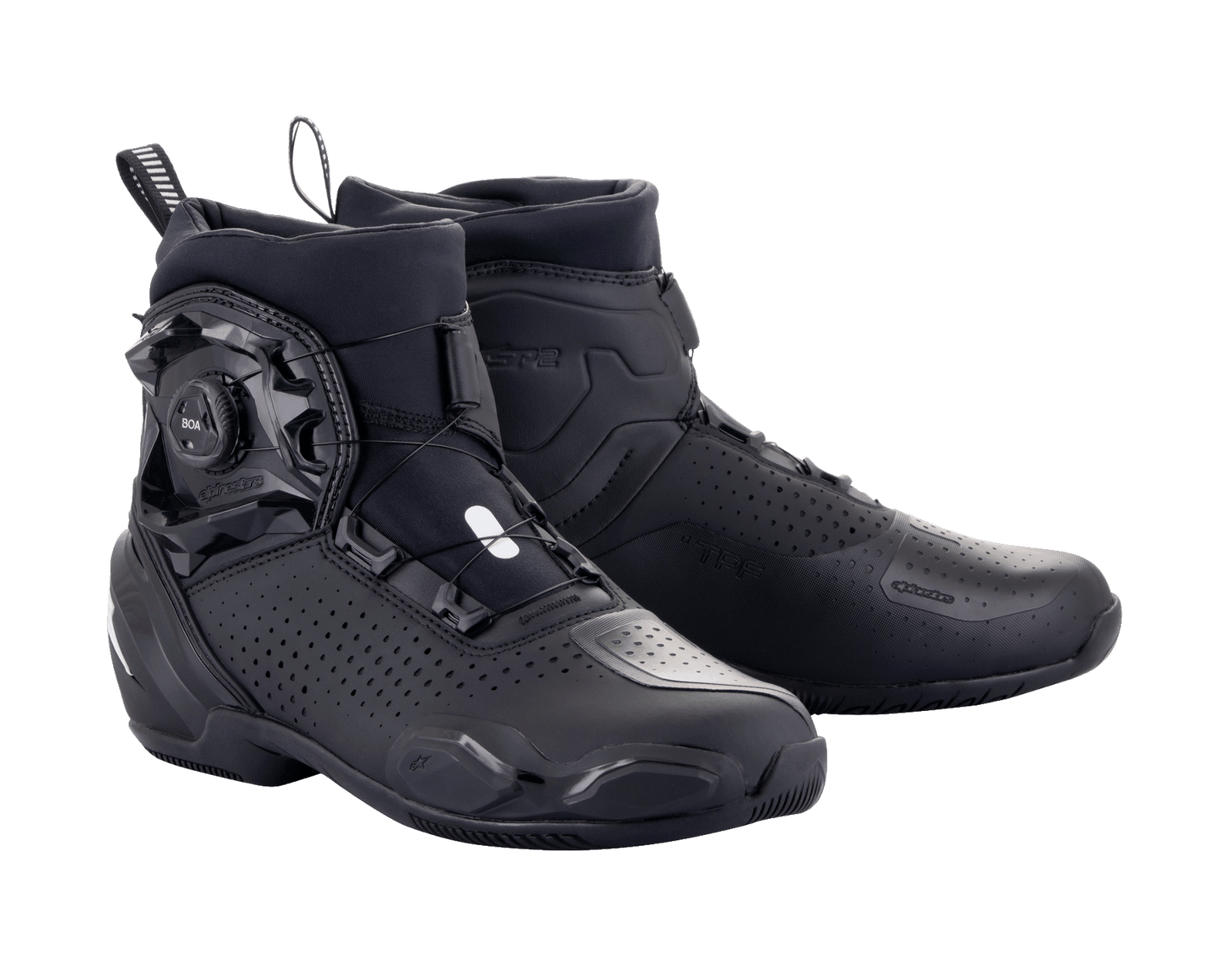 Alpinestars SP-2 Riding Shoes, Motorcycle Riding Shoes, Black, featuring a side BOA speed closure system, perforated microfiber upper for breathability, and a sleek low-profile sport design.