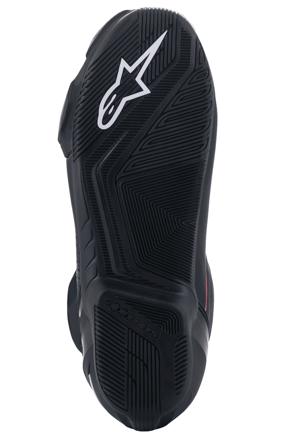 Alpinestars SP-2 Riding Shoes, Black, bottom view of the exclusive rubber compound sole, featuring a white Alpinestars logo and textured tread for grip, sport riding footwear