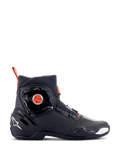 Alpinestars SP-2 Riding Shoes, Sport Motorcycle Footwear, Black with Red Fluo accents, side view featuring BOA speed closure system, perforated microfiber panels for airflow, white Alpinestars logo on the heel, and a sleek modern design with matte and glossy finishes