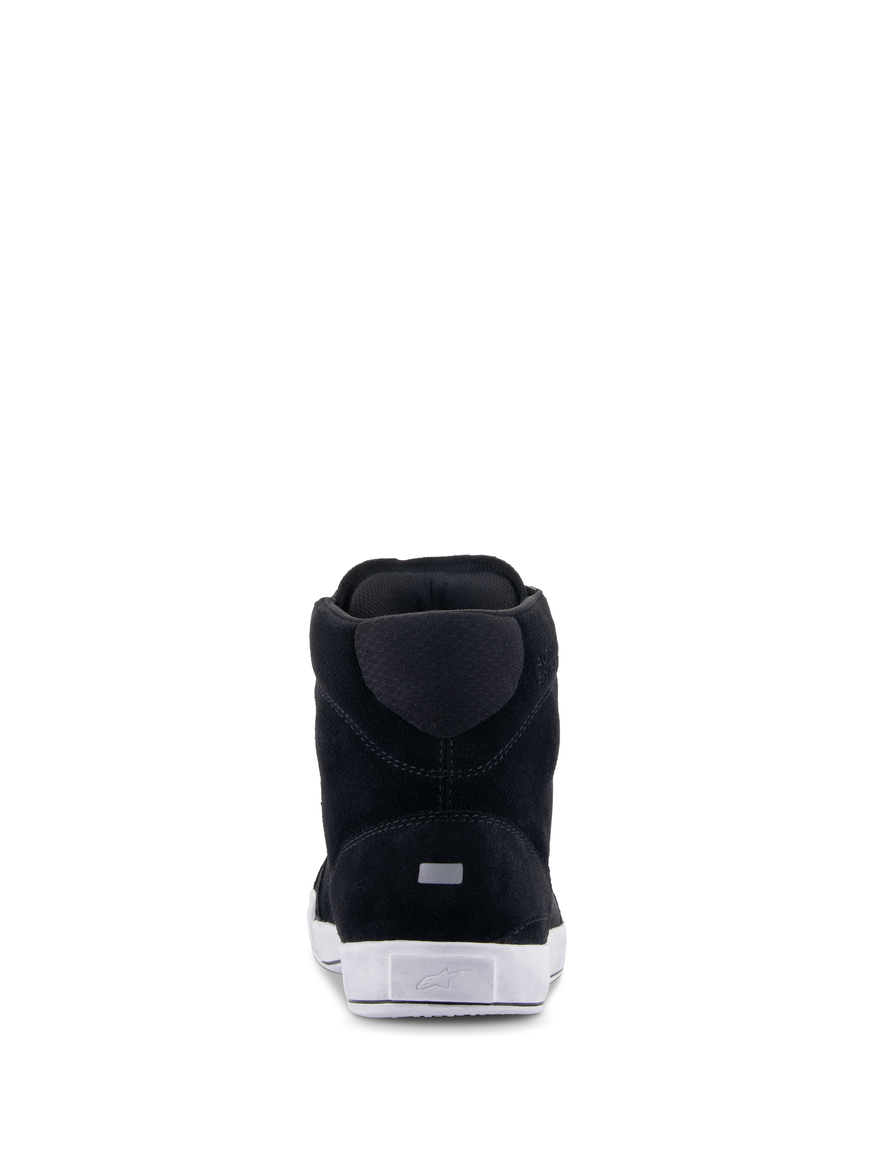 Alpinestars Chrome Shoes, Urban Motorcycle Riding Shoes, Black and White, rear view showing split suede construction, white rubber sole with heel logo, and small reflective rectangular detail.
