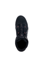 Alpinestars Chrome Shoes, Black Motorcycle Riding Shoes, top-down view showing split suede upper with red fluo accents, casual urban style featuring an elasticated top closure and white logo on the side.