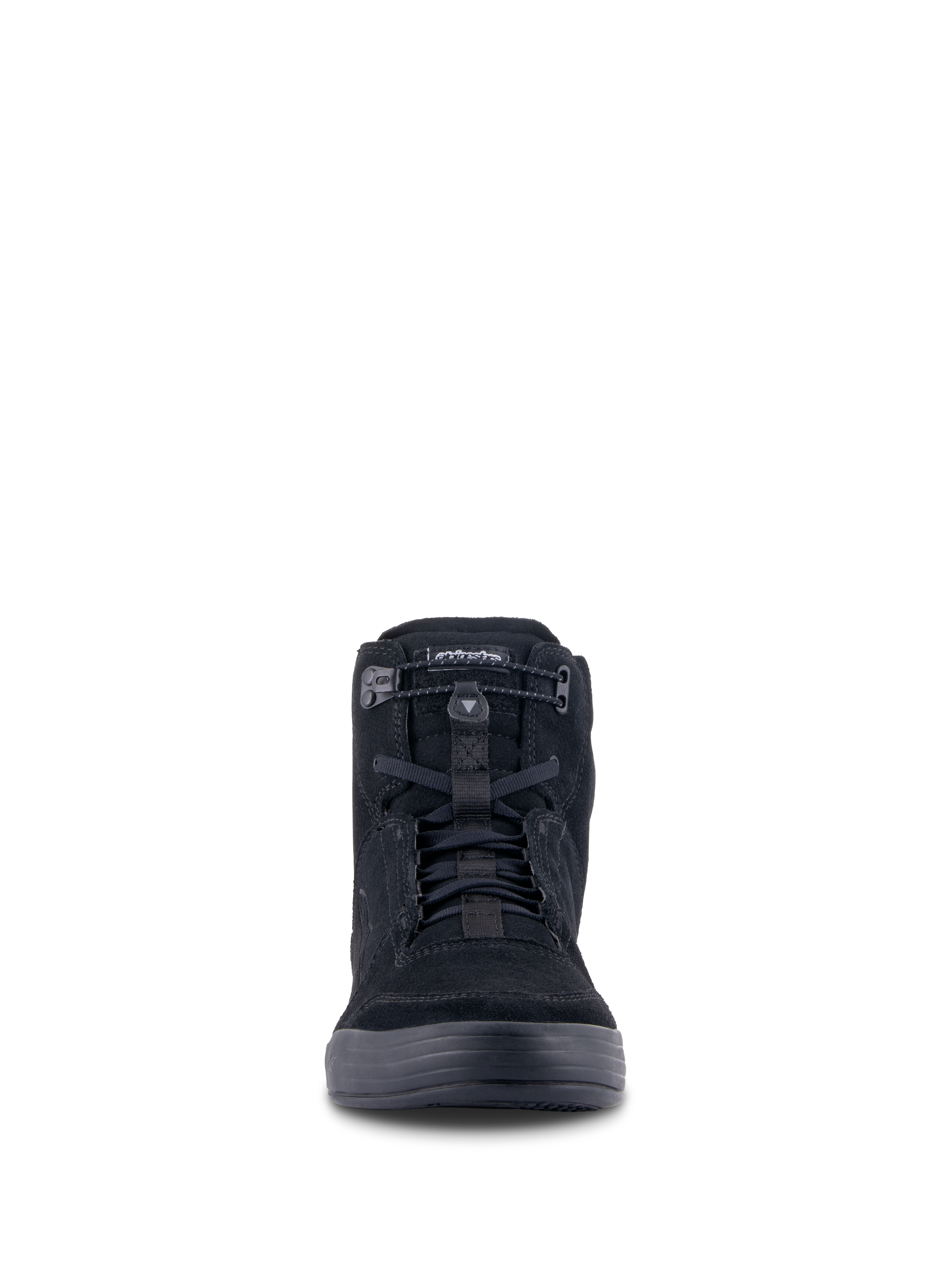 Alpinestars Chrome Riding Schuhe, urbanes Motorrad-Schuhwerk, Schwarz auf Schwarz, Vorderansicht mit High-Top-Silhouette, Spaltwildleder mit elastischem Verschluss oben und schwarzen Schnürsenkeln, lässiges Streetwear-Design