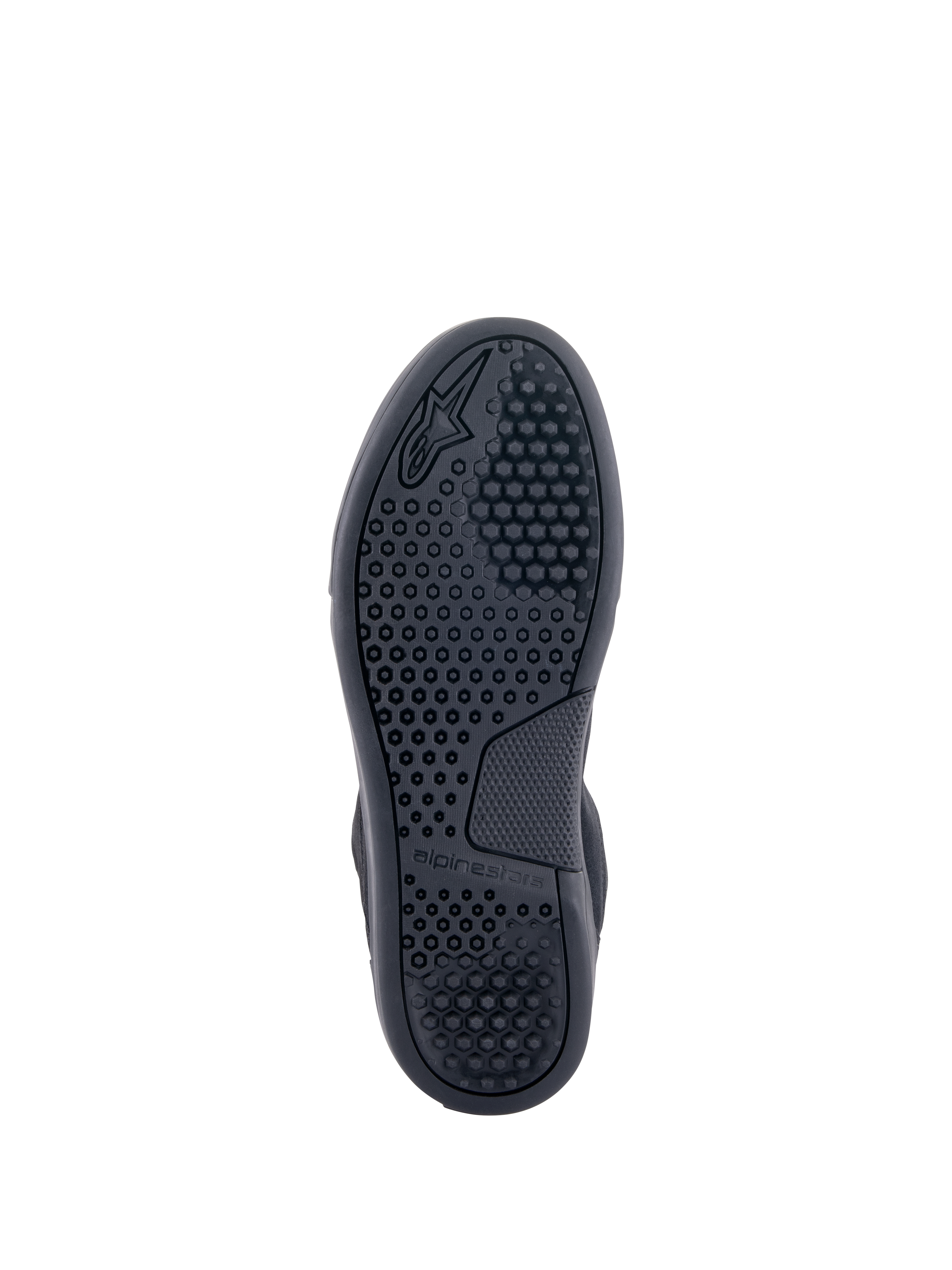 Alpinestars Chrome Schuhe, Sohlenansicht, Schwarz, mit fortschrittlicher Gummimischung-Cup-Sohle, hexagonalem Grip-Muster und Alpinestars-Branding, urbane Motorradschuhe