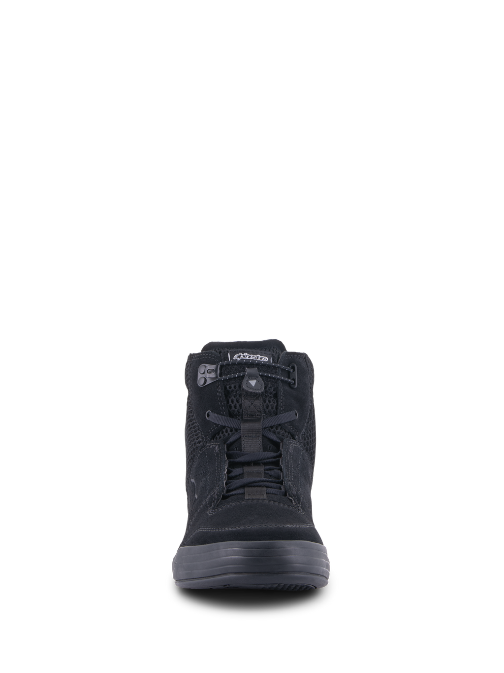 Alpinestars Chrome Air Schuh, urbaner Motorradschuh, Schwarz, Vorderansicht mit Obermaterial aus Spaltleder und Mesh, elastischem Schnürverschluss und lässigem High-Top-Sneaker-Design