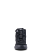Alpinestars Chrome Air Schuh, urbaner Motorradschuh, Schwarz, Vorderansicht mit Obermaterial aus Spaltleder und Mesh, elastischem Schnürverschluss und lässigem High-Top-Sneaker-Design
