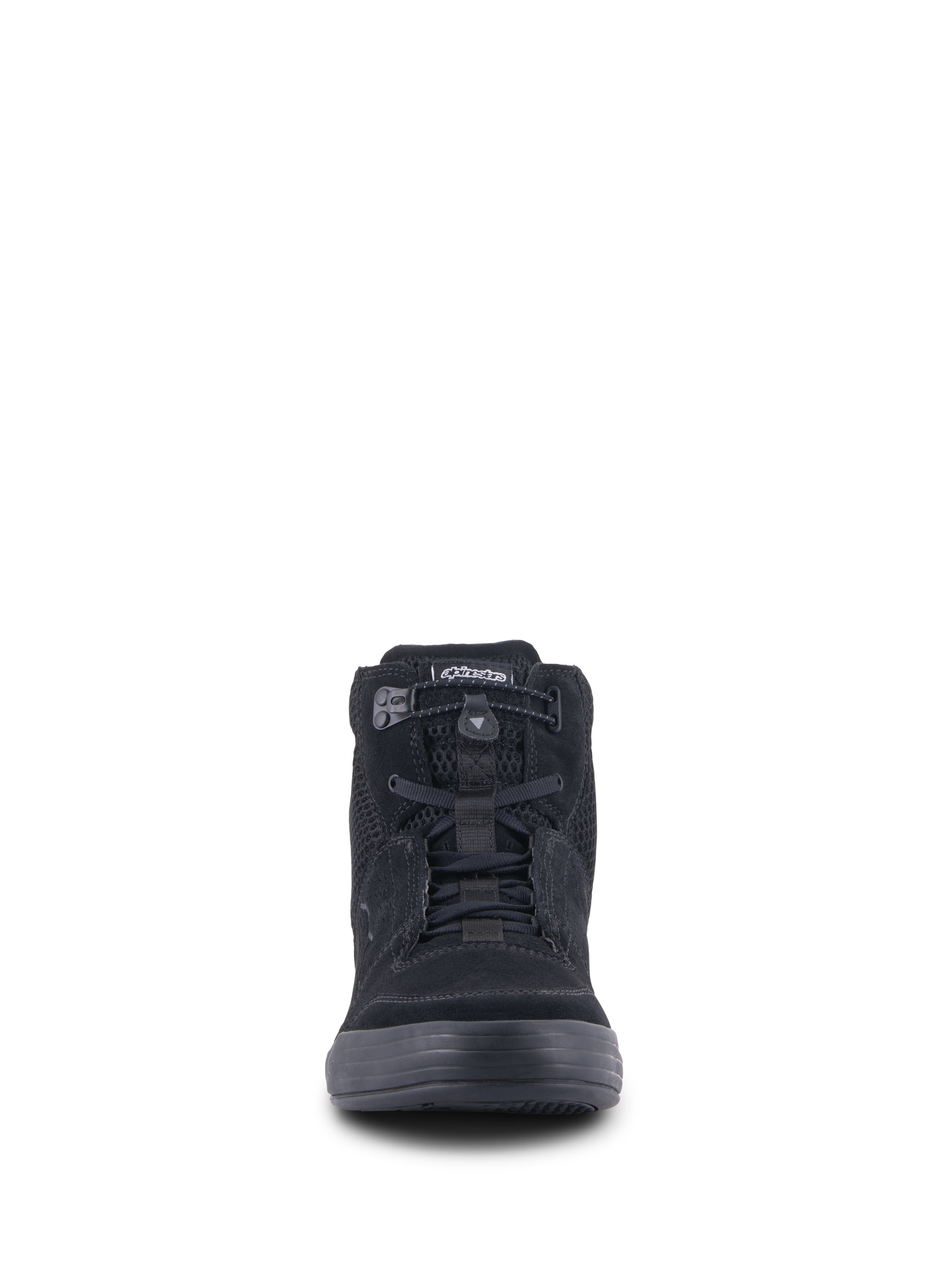 Alpinestars Chrome Air Schuh, urbaner Motorradschuh, Schwarz, Vorderansicht mit Obermaterial aus Spaltleder und Mesh, elastischem Schnürverschluss und lässigem High-Top-Sneaker-Design