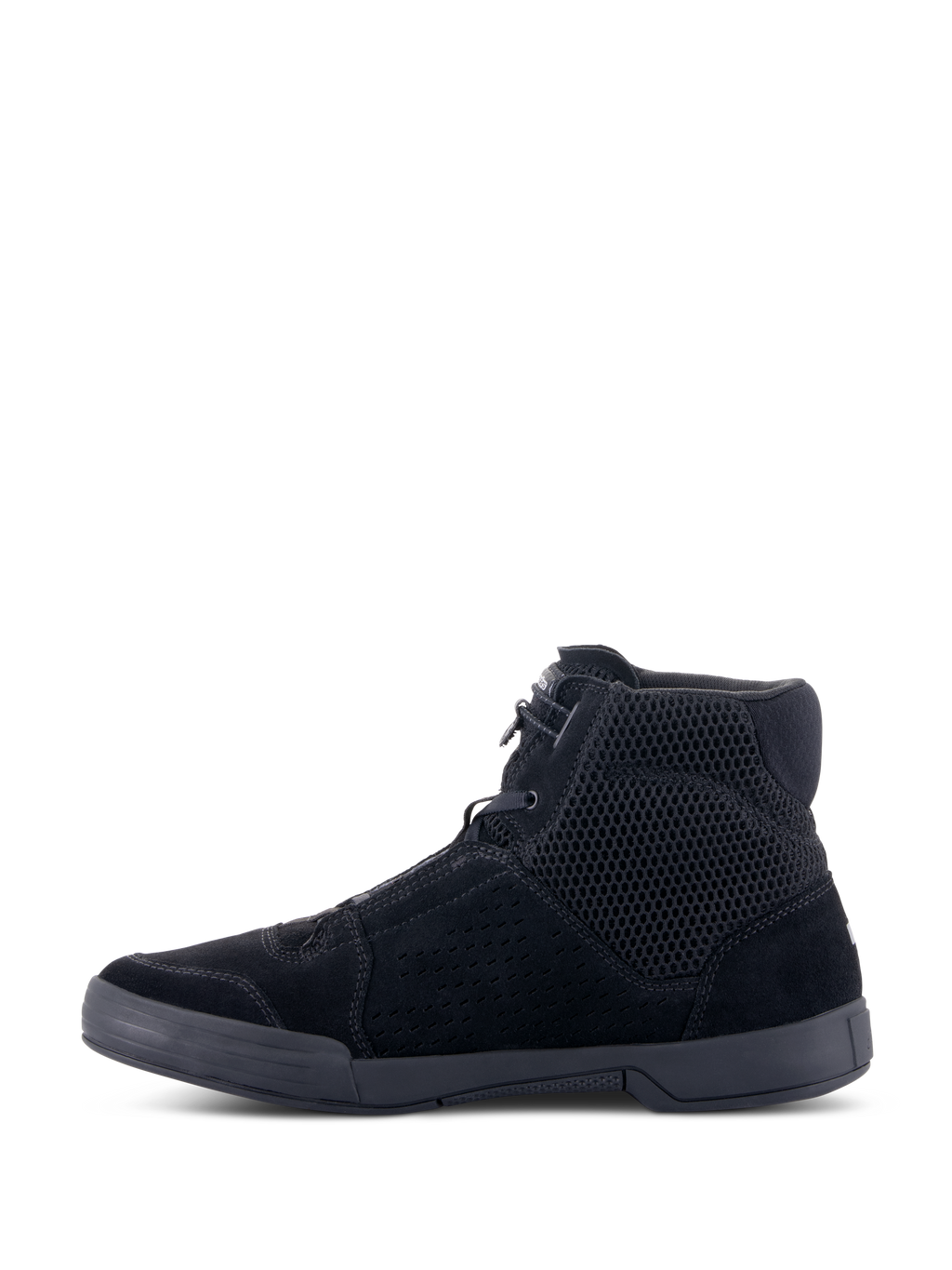 Alpinestars Chrome Air Schuh, urbaner Motorradschuh, Schwarz/Schwarz, Seitenansicht, High-Top-Sneaker-Design aus atmungsaktivem Mesh und Spaltleder, flache Gummisohle