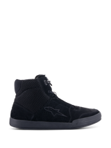 Alpinestars Chrome Air Shoe, Urban Motorcycle Riding Shoe, Black Black, side profile view, featuring a split suede and mesh upper, casual sneaker silhouette with integrated ankle protection for road riding.