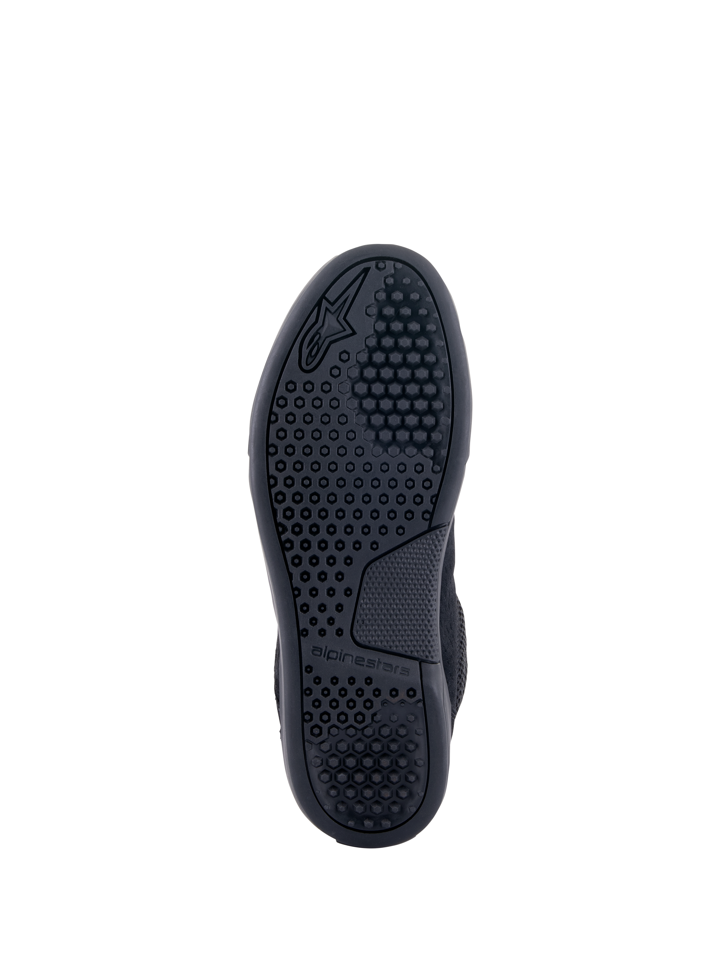 Alpinestars Chrome Air Schuh, Schwarz, Unteransicht der Laufsohle mit detailliertem hexagonalem Profilmuster, geprägtem Alpinestars-Logo und Branding, strapazierfähige Gummisohle für urbanes Motorradfahren