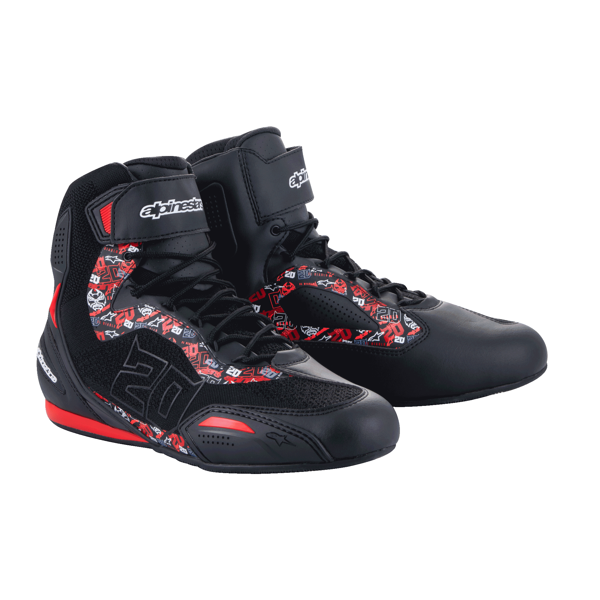Alpinestars FQ20 Faster-3 Rideknit® Schuhe, Motorradschuhe, Schwarz und Hellrot, mit rot-weißen Grafikmustern und Fabio Quartararos Nummer 20, Konstruktion aus gestricktem Mesh und Mikrofaser, Alpinestars-Logo auf dem Knöchelriemen, sportliches Urban-Design für die Straße