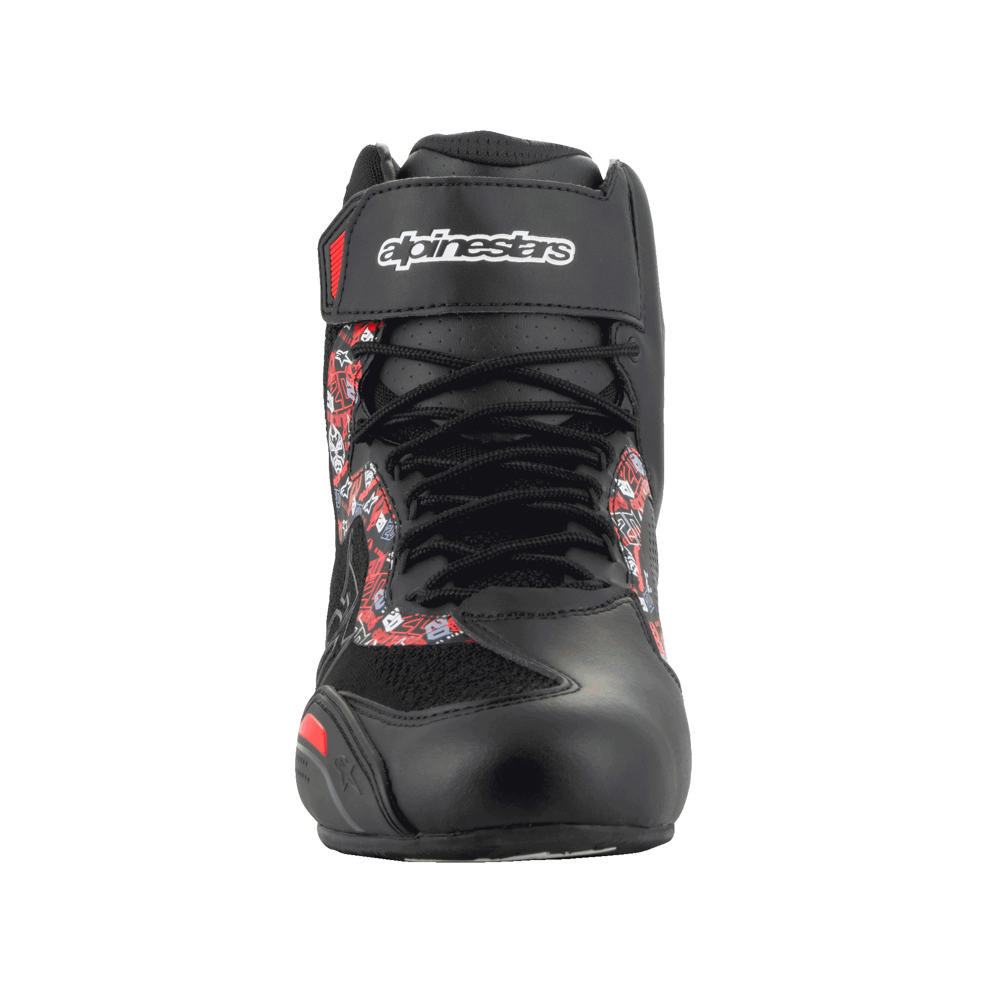 Alpinestars FQ20 Faster-3 Rideknit® Schuhe, Motorradschuhe, Schwarz und leuchtendes Rot, Vorderansicht mit Schnürverschluss und Klettverschluss-Knöchelriemen mit Alpinestars-Branding, Grafikdruck an den Seiten, schlankes, vom Rennsport inspiriertes Profil