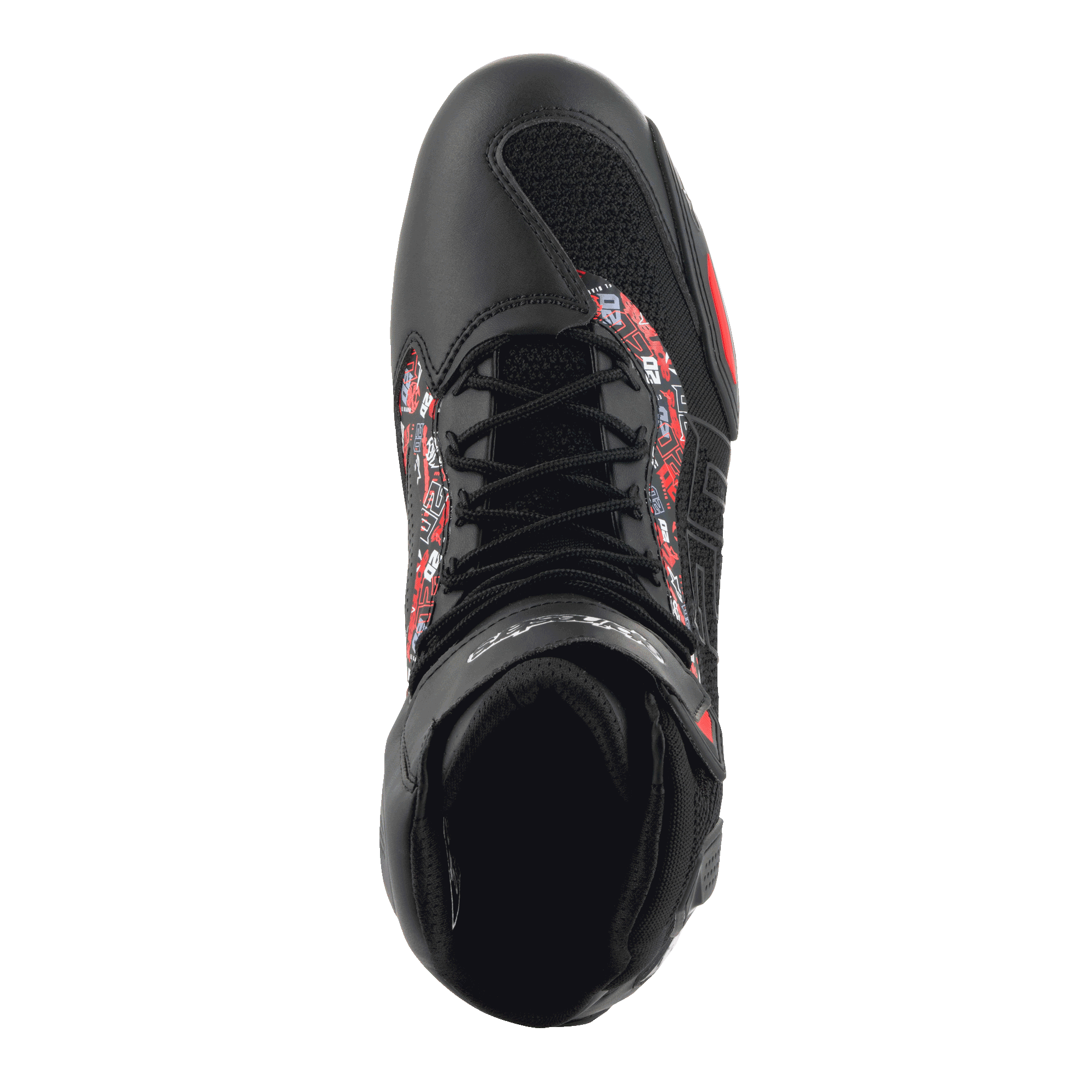 Alpinestars FQ20 Faster-3 Rideknit® Schuhe, Draufsicht, Schwarz und leuchtendes Rot, sportliches Design mit Schnürung und atmungsaktivem Mesh, rote und weiße Grafikakzente an den Seiten, urbaner Sport-Motorradschuh