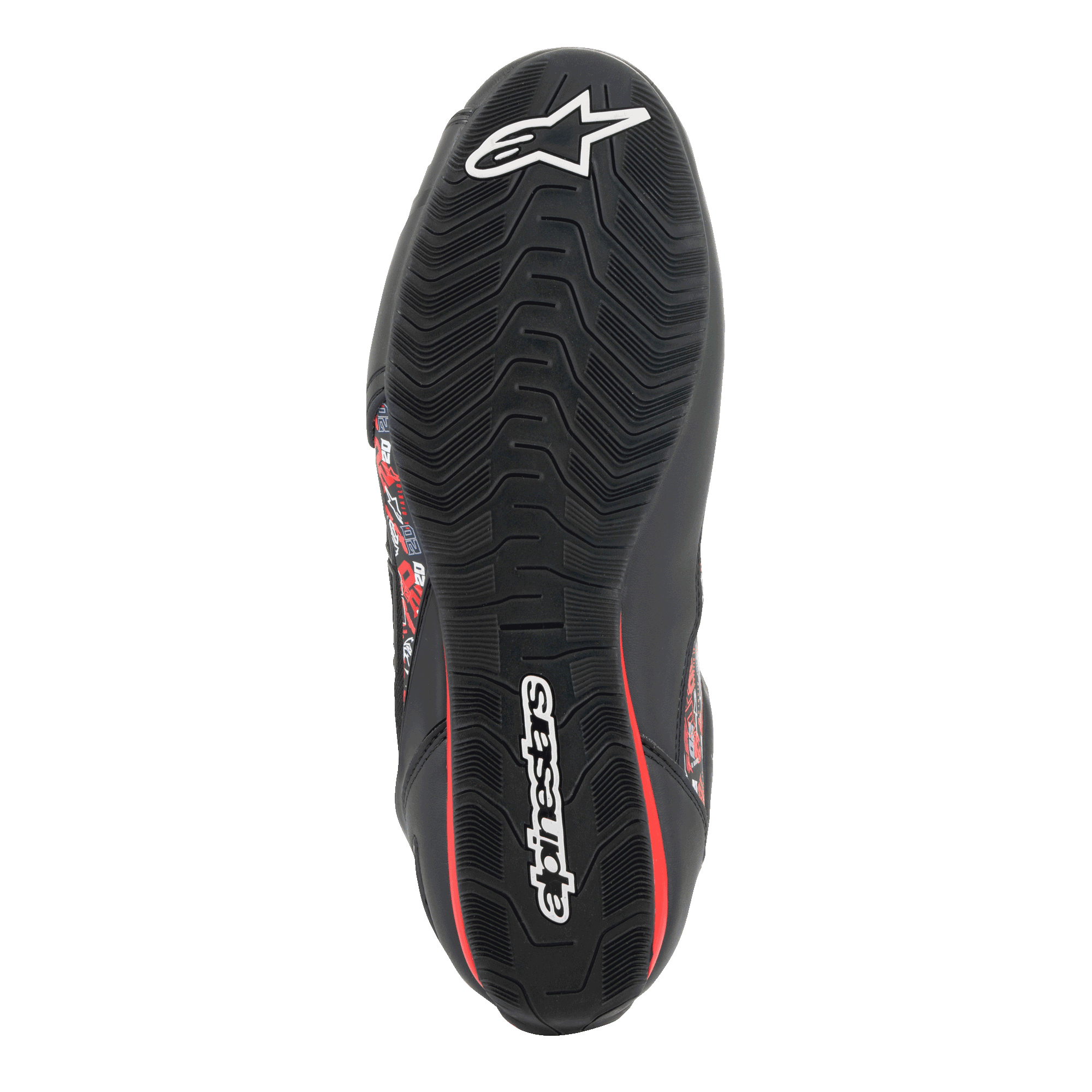 Alpinestars FQ20 Faster-3 Rideknit® Schuhe, Unteransicht der strukturierten Gummisohle, Schwarz mit weißen Alpinestars-Logos und roten Akzenten, entwickelt für Grip und Stabilität auf Motorrad-Bedienelementen