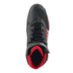 Alpinestars FQ20 Faster-3 Rideknit® Schuhe, Motorradschuhe, Schwarz mit leuchtend roten und blauen Akzenten, Draufsicht mit atmungsaktivem Rideknit®-Mesh, Schnürsystem und gepolstertem rotem Innenfutter