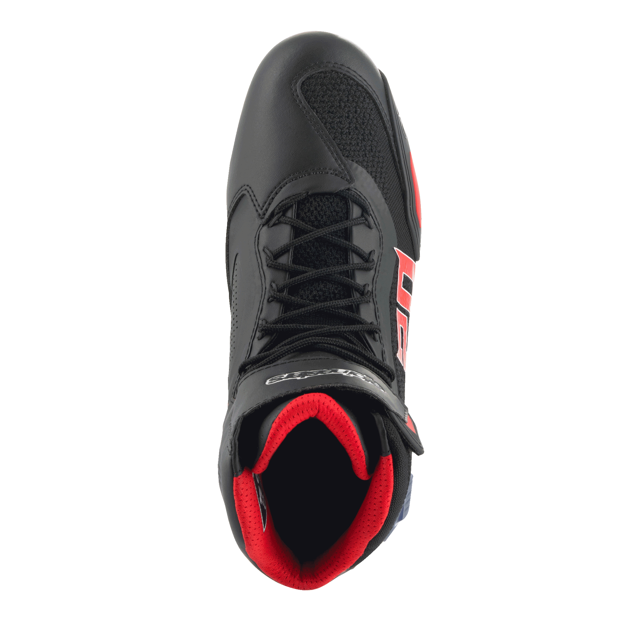 Alpinestars FQ20 Faster-3 Rideknit® Schuhe, Motorradschuhe, Schwarz mit leuchtend roten und blauen Akzenten, Draufsicht mit atmungsaktivem Rideknit®-Mesh, Schnürsystem und gepolstertem rotem Innenfutter