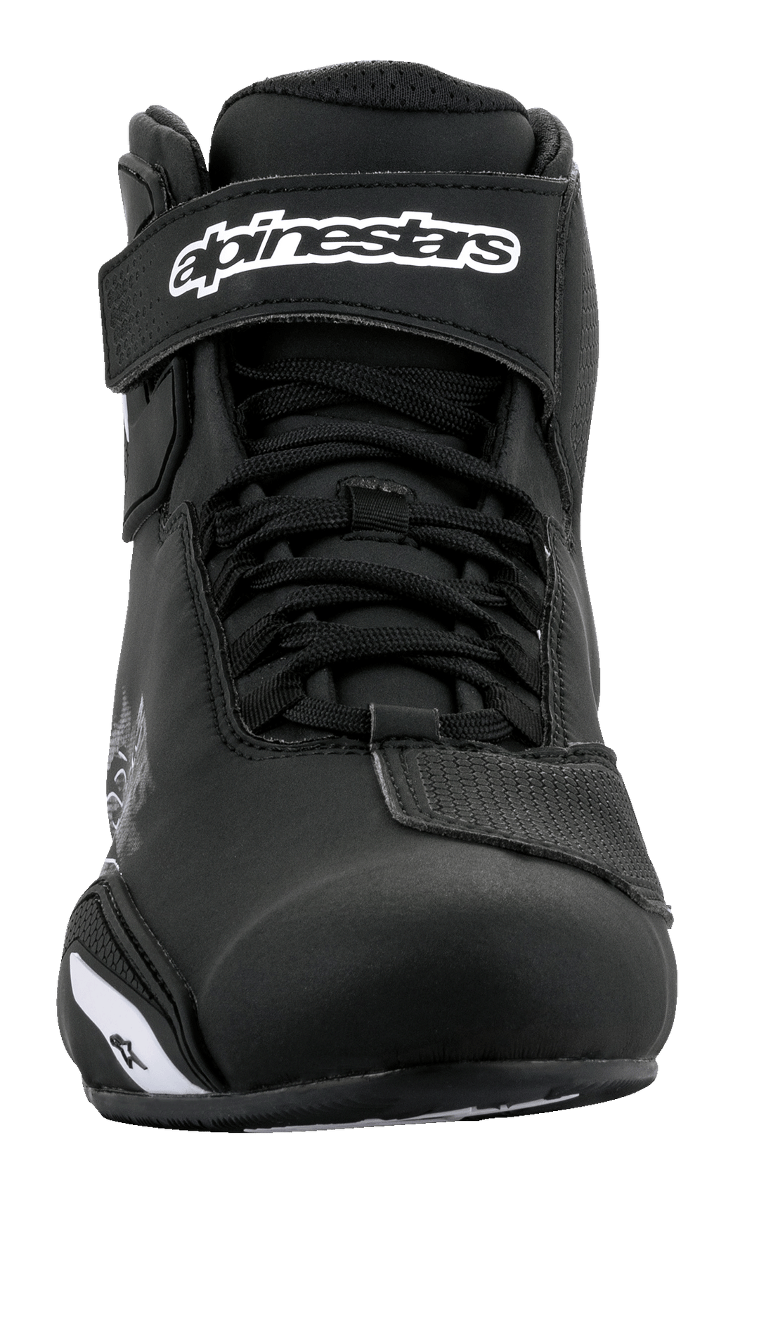 Alpinestars Sektor Schuhe, Motorradschuhe, Schwarz und Weiß, Vorderansicht mit Speed-Lacing-System und Knöchel-Klettverschluss mit weißem Logo, schlanke Mikrofaser-Konstruktion für Straßenfahrten