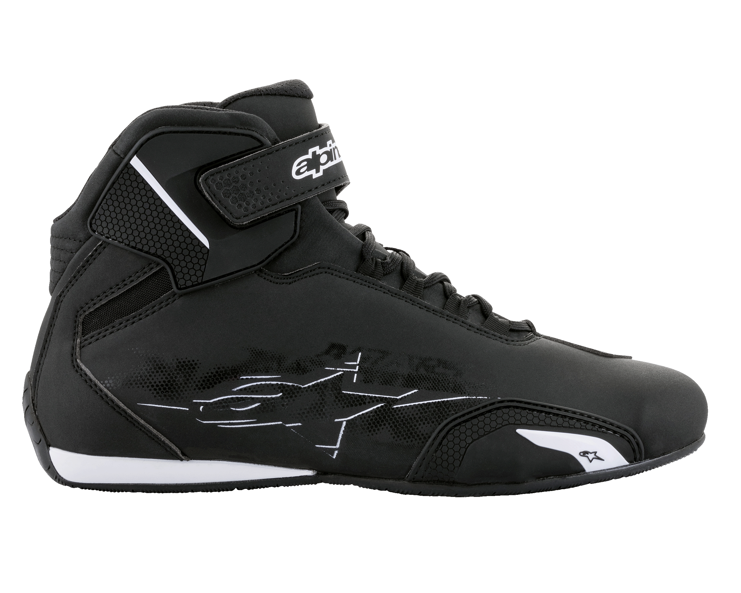 Alpinestars Sektor Schuhe, Motorradschuhe, Schwarz und Weiß, Seitenprofil mit leichtem Mikrofaser-Obermaterial, Schnellschnürsystem und Klettverschluss-Knöchelriemen mit weißem Branding, schlankes, schützendes Design für Straßenfahrten