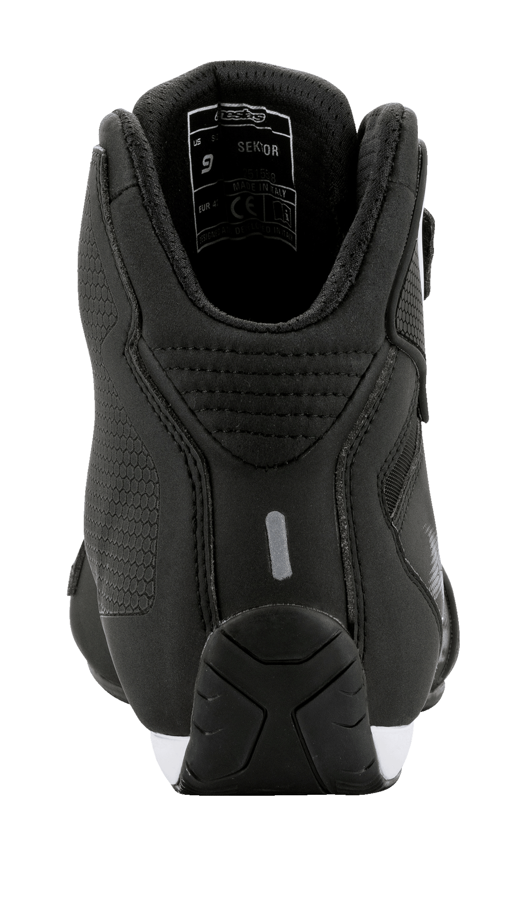 Alpinestars Sektor Schuhe, Rückansicht, Schwarz mit weißen Akzenten, leichte Mikrofaser-Konstruktion, eine reflektierende Fersenlasche und ein gepolsterter Knöchelkragen, schlankes, vom Motorsport inspiriertes Motorradschuhwerk