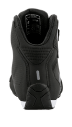 Alpinestars Sektor Schuhe, Rückansicht, Schwarz mit weißen Akzenten, leichte Mikrofaser-Konstruktion, eine reflektierende Fersenlasche und ein gepolsterter Knöchelkragen, schlankes, vom Motorsport inspiriertes Motorradschuhwerk
