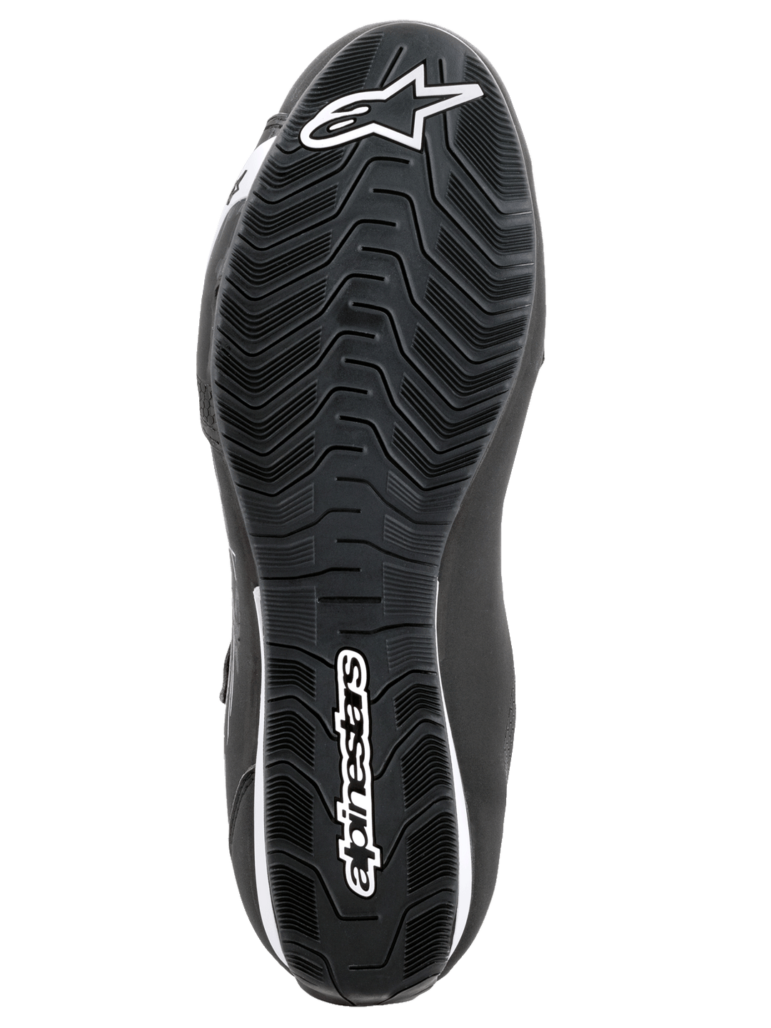 Alpinestars Sektor Schuhe, Motorradschuhe, Schwarz und Weiß, Unteransicht der strukturierten Gummisohle mit wellenförmigem Profilmuster, mit weißem Alpinestars-Logo und Stern-Symbol.