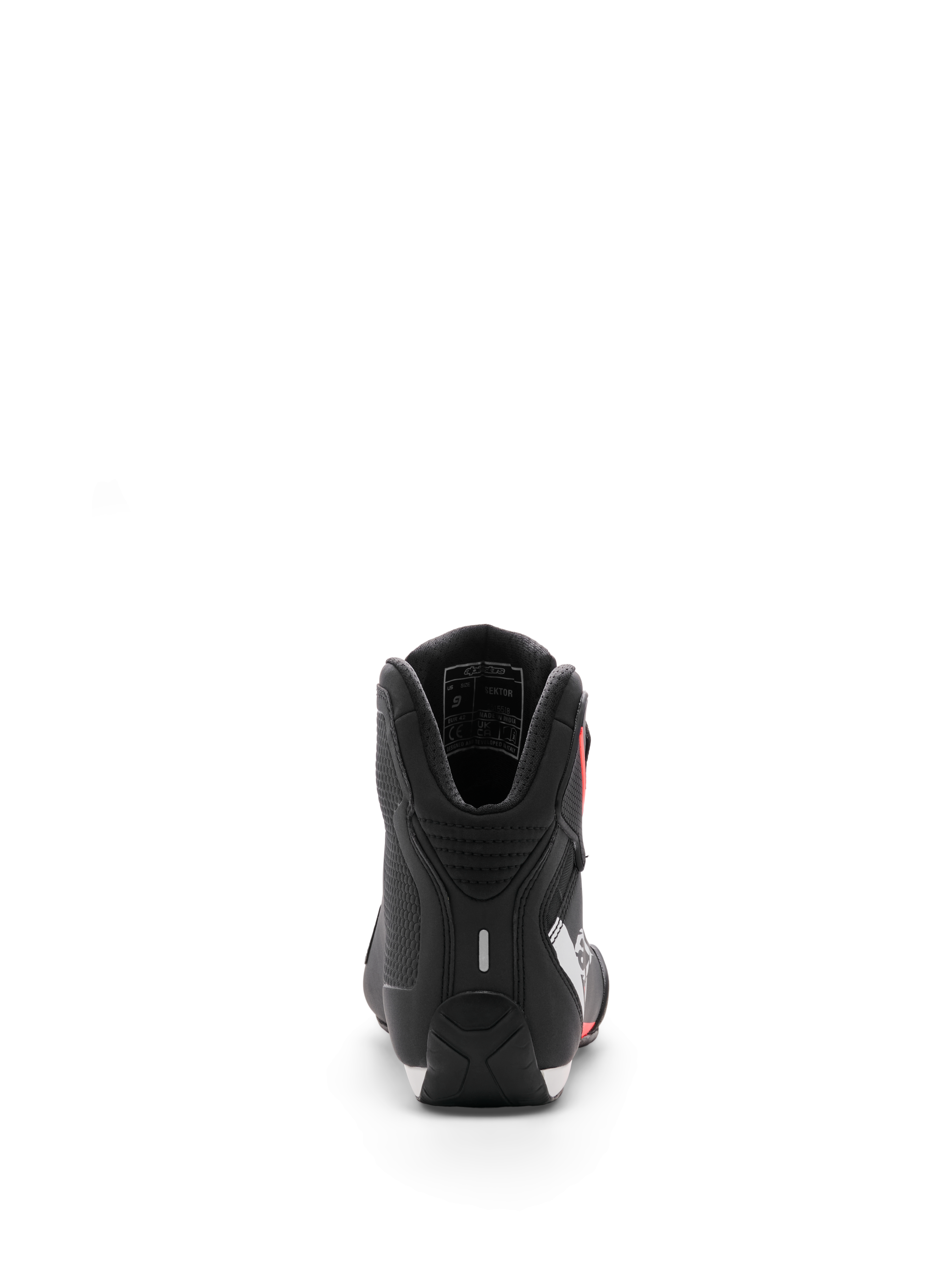 Alpinestars Sektor Schuh, Motorradschuhe, Schwarz Weiß Rot Fluo, Rückansicht mit Fokus auf die Ferse und die interne Knöchelpolsterung, elegantes Mikrofaser-Finish für Sport- und Straßeneinsatz