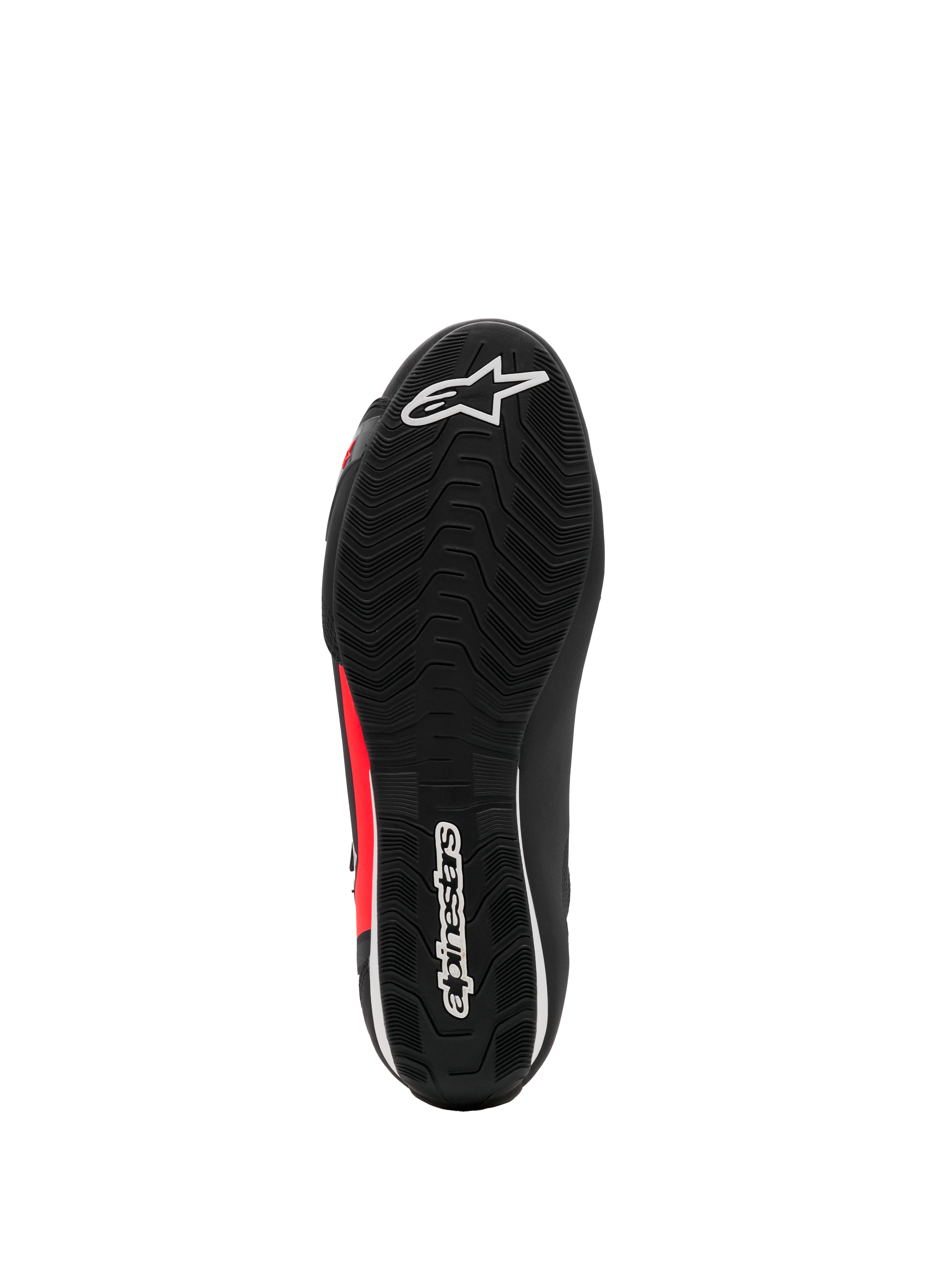 Alpinestars Sektor Schuh, Motorradschuhe, Schwarz, Weiß und Fluo-Rot, Unteransicht mit strukturierter Gummisohle mit weißen Logos und roten Akzenten, leichtes Design für Straßen-Fahrerschuhe