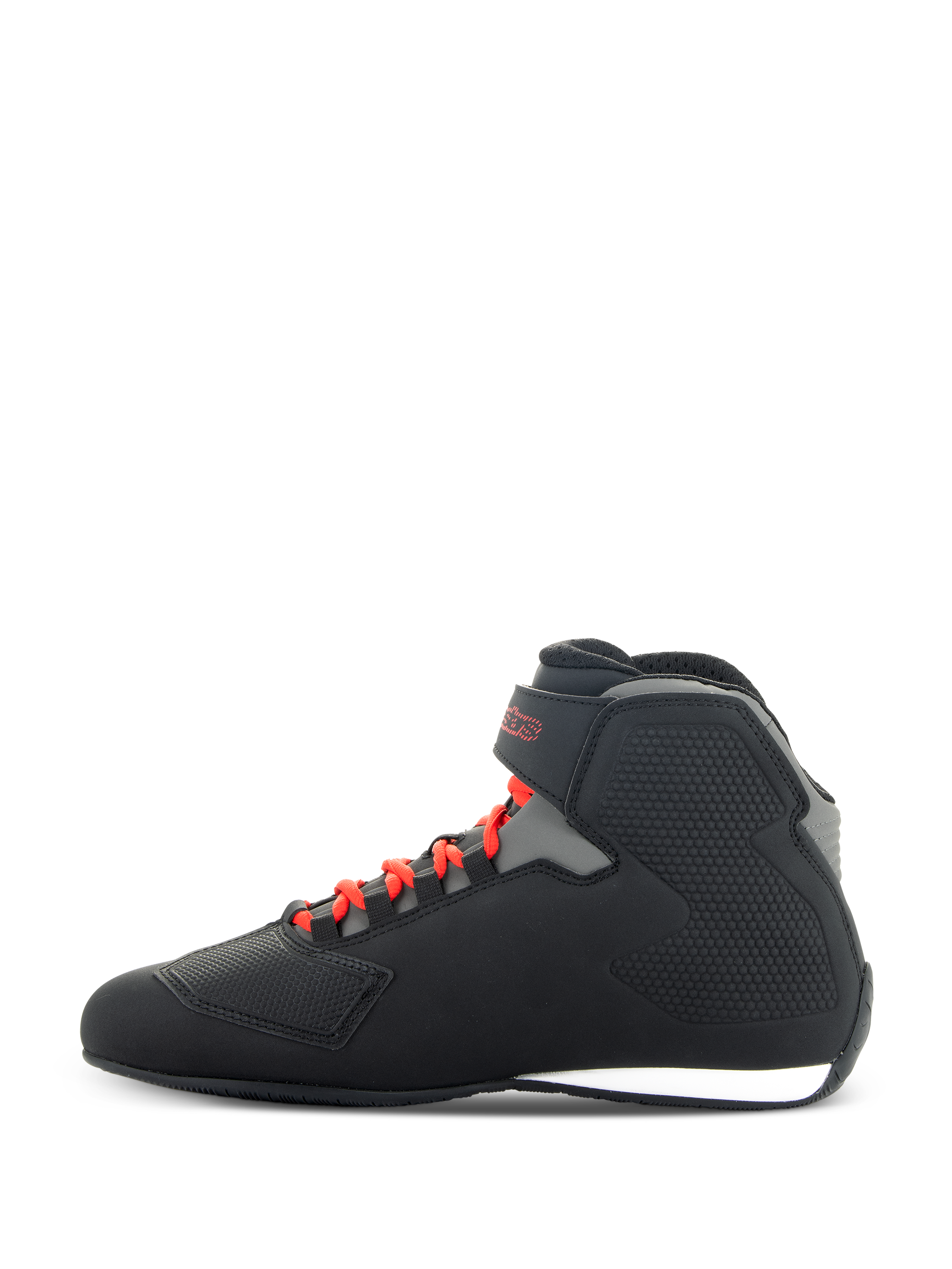 Alpinestars Sektor Shoes, Black and Bright Red, side profile of low-cut motorcycle riding shoes featuring bright red laces, black microfiber upper with grey accents, adjustable ankle strap with red branding, and textured protective panels.