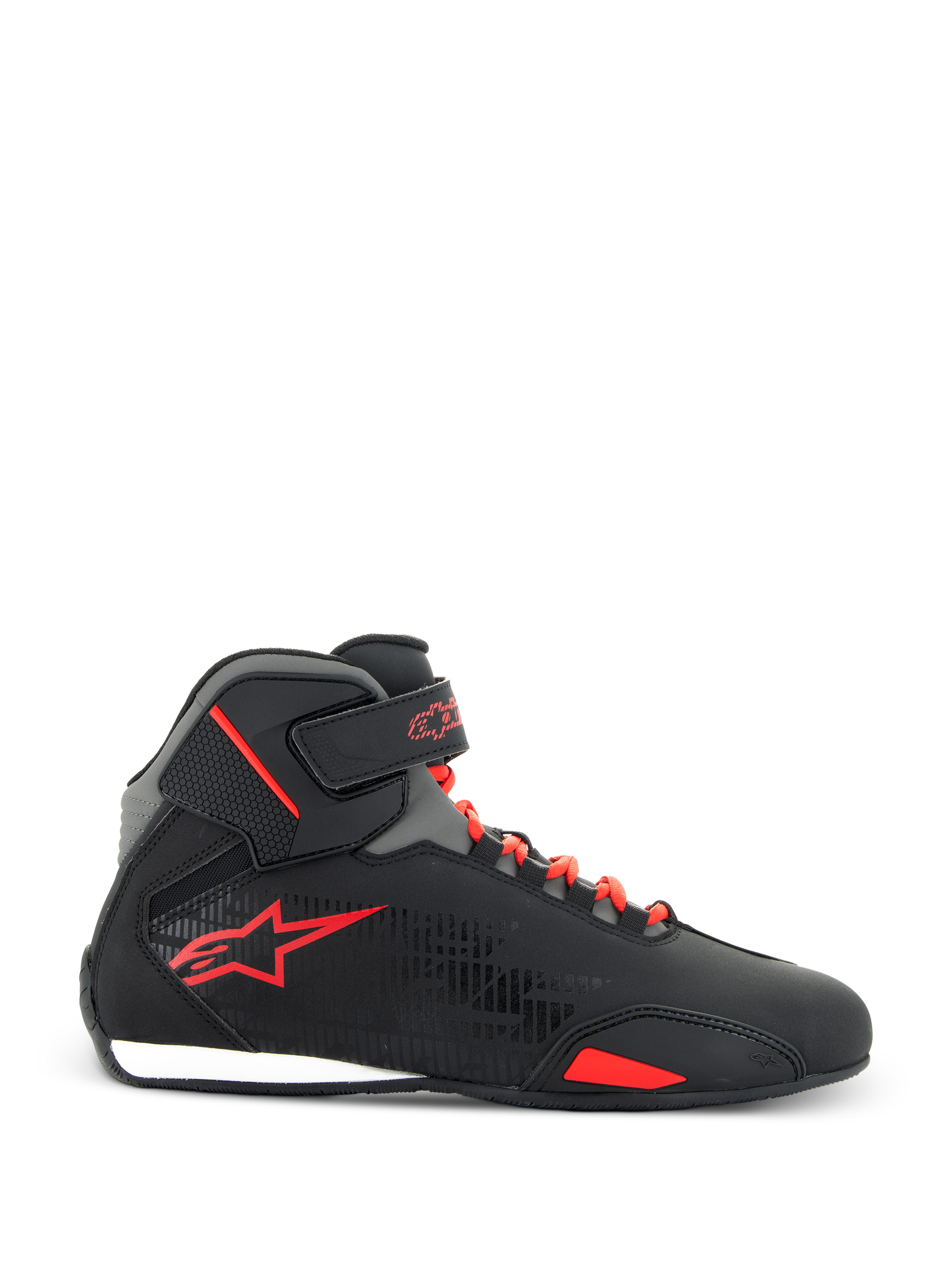 Alpinestars Sektor Shoes, Motorcycle Riding Shoes, Black and Bright Red, side profile view of high-top microfiber shoe featuring red speed laces, adjustable ankle strap, and red star logo, sleek road-riding design