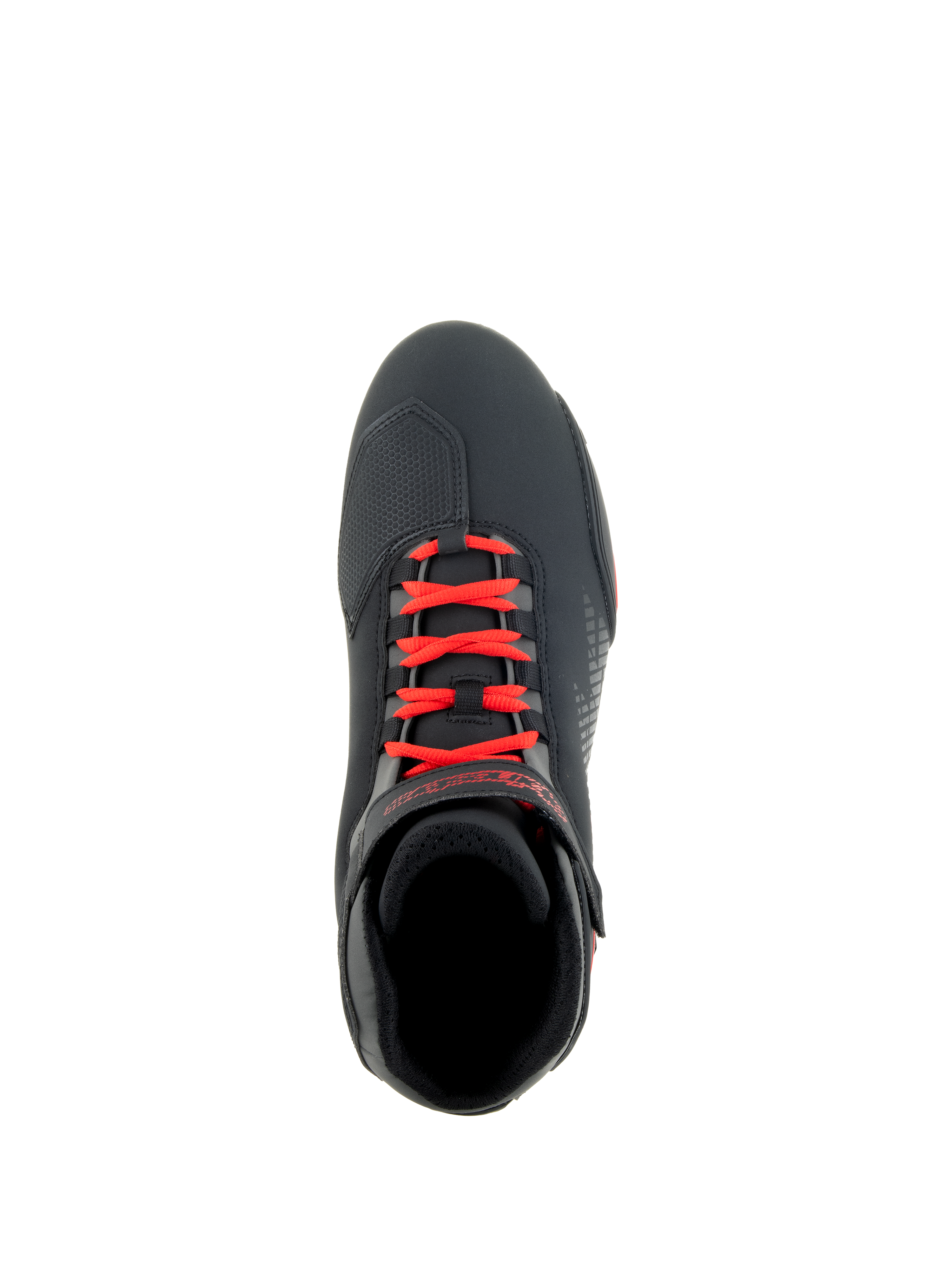 Alpinestars Sektor Shoes, Black and Bright Red, top-down view of motorcycle riding shoe, bright red laces and adjustable ankle strap, sleek microfiber upper with shift pad reinforcement, sporty road-riding design