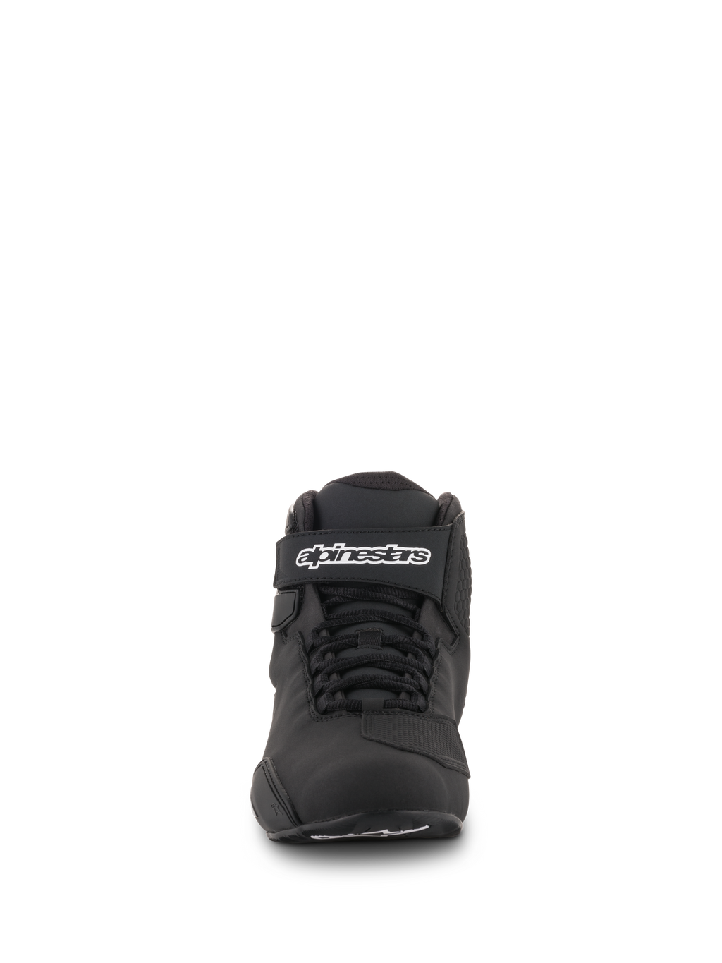 Alpinestars Sektor Schuhe, Schwarz, Vorderansicht, mit Speed-Lacing-System und Knöchelriemen mit Alpinestars-Logo, leichte Motorradschuhe aus Mikrofaser