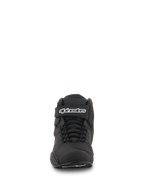 Alpinestars Sektor Schuhe, Schwarz, Vorderansicht, mit Speed-Lacing-System und Knöchelriemen mit Alpinestars-Logo, leichte Motorradschuhe aus Mikrofaser