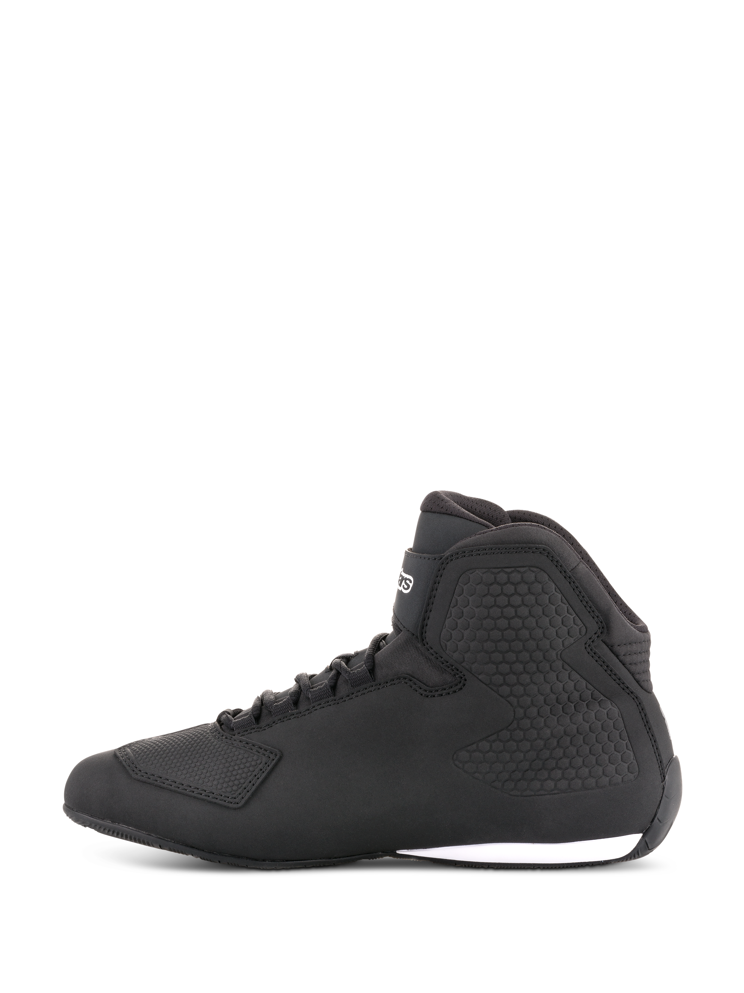 Alpinestars Sektor Schuhe, Motorradschuhe, Schwarz, Seitenprofilansicht, High-Top-Design mit Schnürsenkeln, Mikrofaser-Obermaterial, strukturierter Knöchelschutz, schlanker, vom Rennsport inspirierter Look mit weißem Sohlenakzent