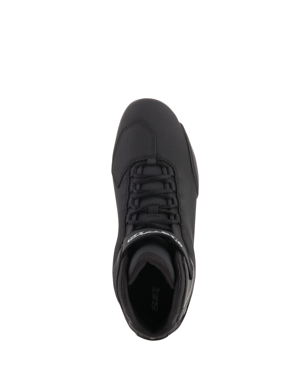 Alpinestars Sektor Schuhe, Motorradschuhe, Schwarz, Draufsicht mit Speed-Lacing-System, Knöchelriemen mit weißem Logo und verstärktem Zehenbereich, schlanke Mikrofaser-Konstruktion