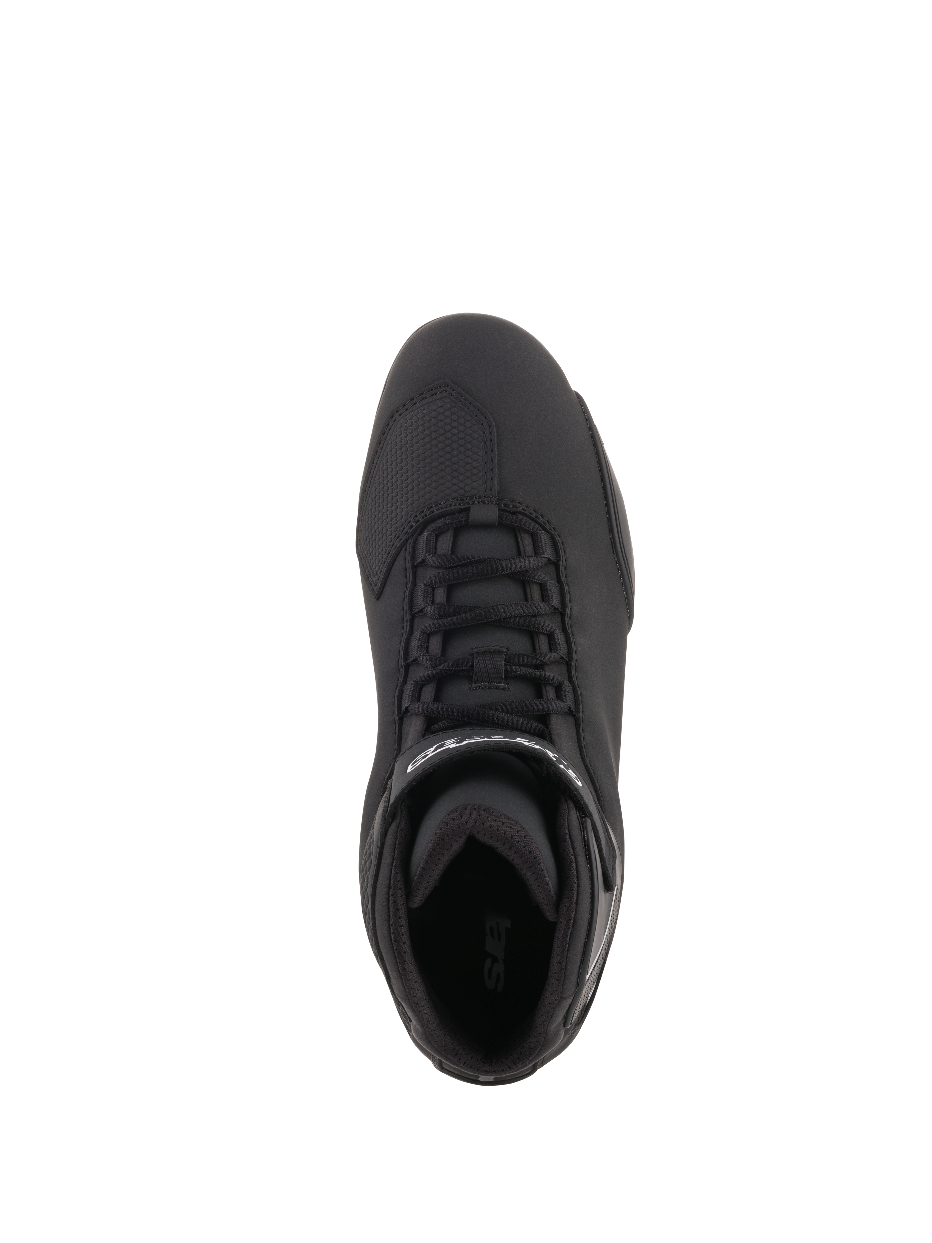 Alpinestars Sektor Schuhe, Motorradschuhe, Schwarz, Draufsicht mit Speed-Lacing-System, Knöchelriemen mit weißem Logo und verstärktem Zehenbereich, schlanke Mikrofaser-Konstruktion