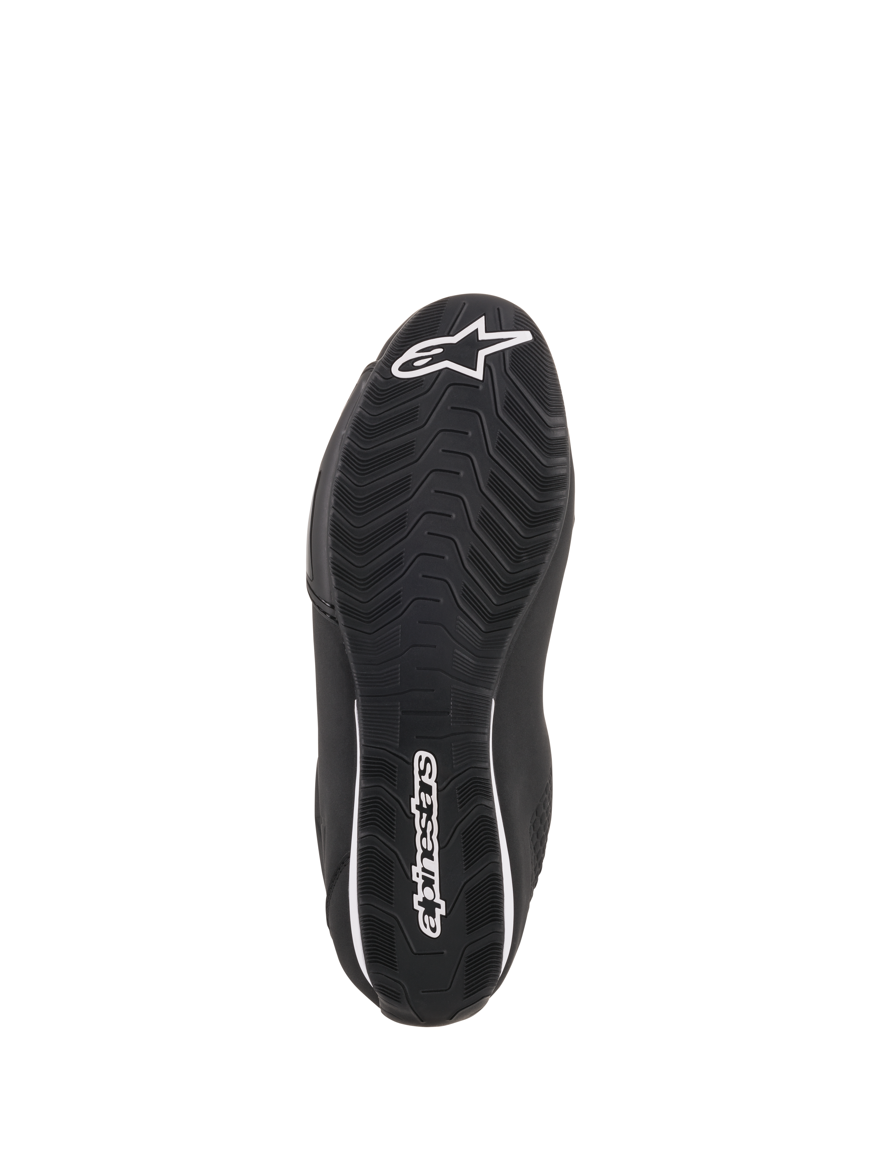 Alpinestars Sektor Schuhe, schwarze Motorradschuhe, Sohlenansicht mit strukturierter Gummisohle, weißes Alpinestars Stern-Logo auf der Zehenpartie und Branding an der Ferse, entwickelt für Grip und Strapazierfähigkeit