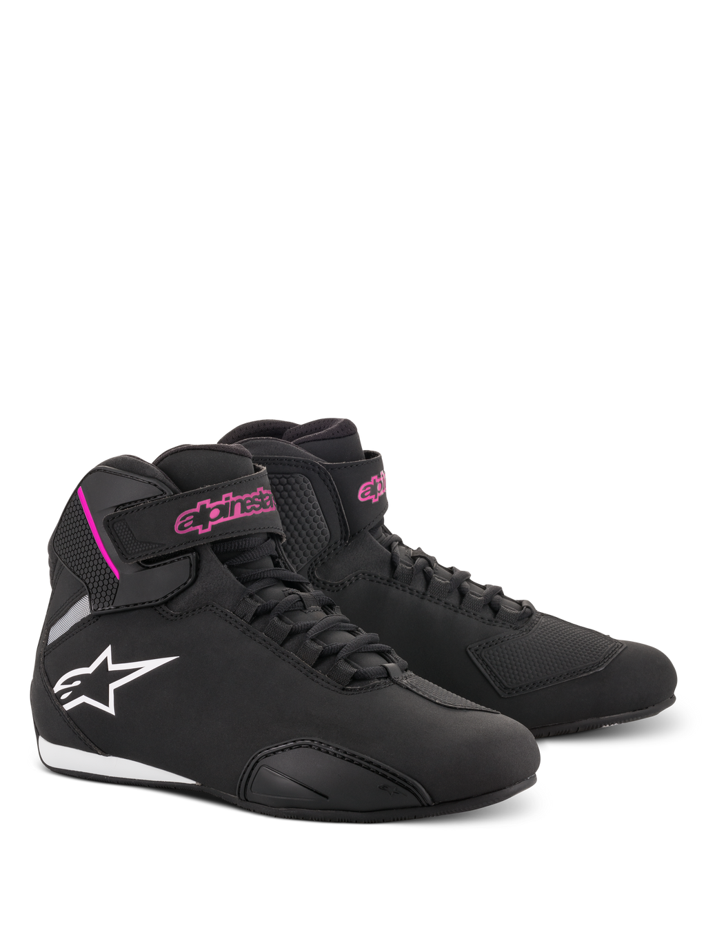Alpinestars Stella Sektor Damen-Schuhe, Motorradschuhe, Schwarz und Fuchsia, leichte Mikrofaser-Konstruktion, High-Top-Design mit Schnellschnürsystem und Klettverschluss, pinkfarbenes Branding und weißes Stern-Logo, sportliches Schutzschuhwerk