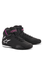 Alpinestars Stella Sektor Damen-Schuhe, Motorradschuhe, Schwarz und Fuchsia, leichte Mikrofaser-Konstruktion, High-Top-Design mit Schnellschnürsystem und Klettverschluss, pinkfarbenes Branding und weißes Stern-Logo, sportliches Schutzschuhwerk