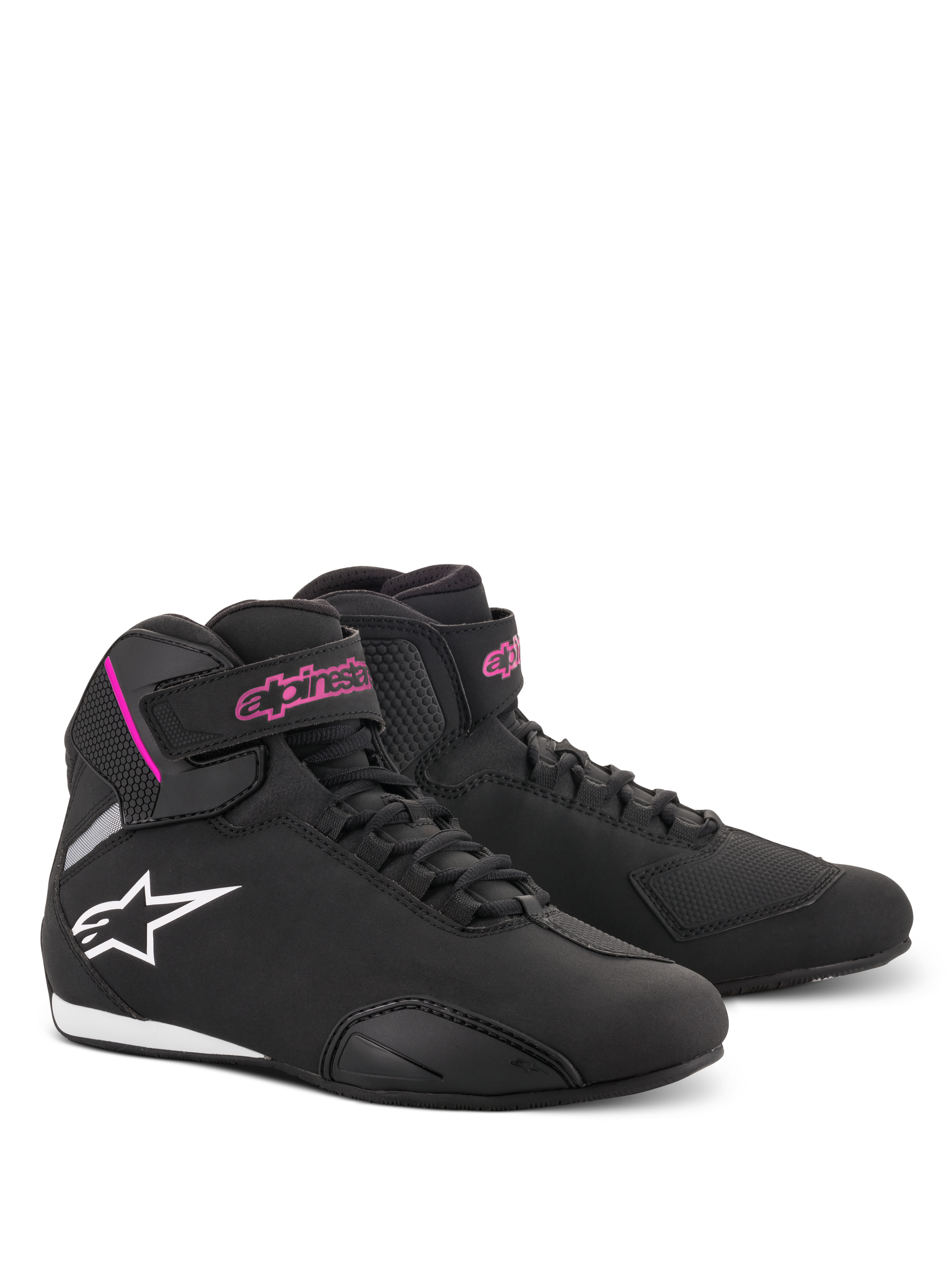 Alpinestars Stella Sektor Damen-Schuhe, Motorradschuhe, Schwarz und Fuchsia, leichte Mikrofaser-Konstruktion, High-Top-Design mit Schnellschnürsystem und Klettverschluss, pinkfarbenes Branding und weißes Stern-Logo, sportliches Schutzschuhwerk