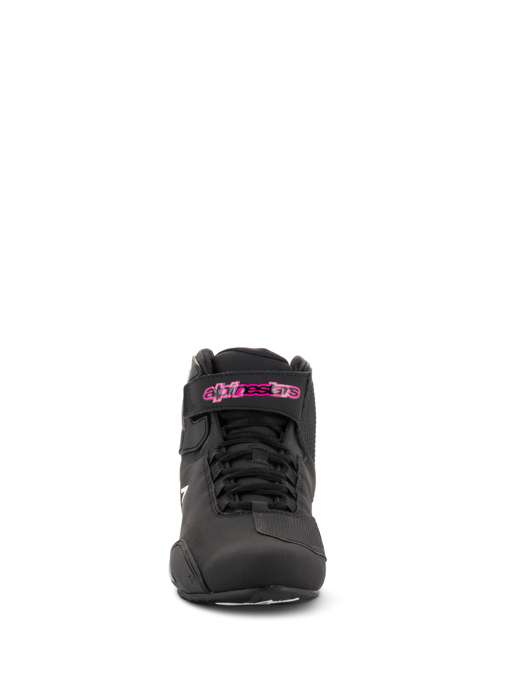 Alpinestars Stella Sektor Damenschuhe, Motorradschuhe, Schwarz Fuchsia, Vorderansicht, mit Mikrofaser-Konstruktion, schwarzen Schnürsenkeln und einem fuchsiafarbenen Logo auf dem Knöchelriemen, schlankes, sportlich inspiriertes Design.