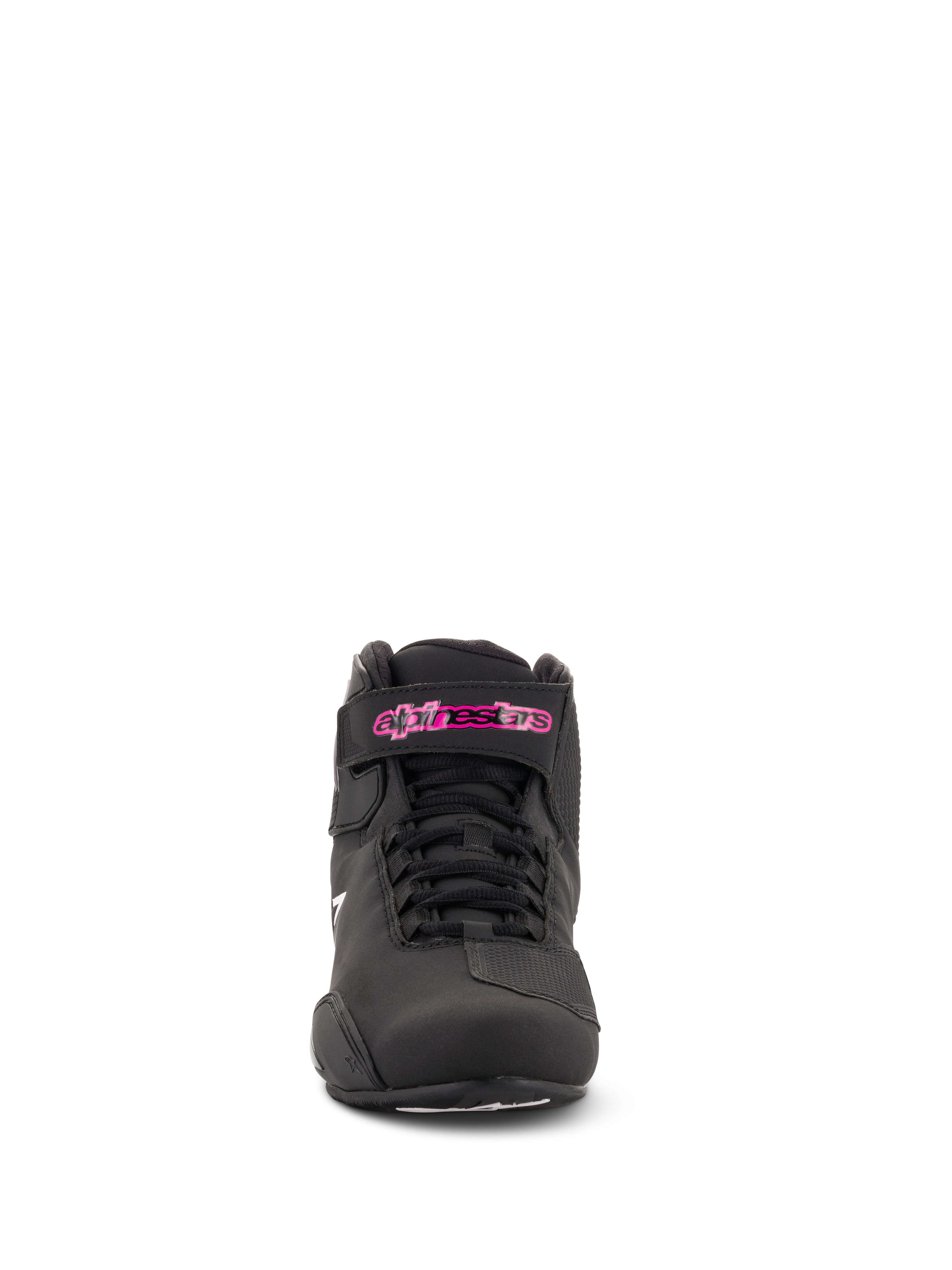 Alpinestars Stella Sektor Damenschuhe, Motorradschuhe, Schwarz Fuchsia, Vorderansicht, mit Mikrofaser-Konstruktion, schwarzen Schnürsenkeln und einem fuchsiafarbenen Logo auf dem Knöchelriemen, schlankes, sportlich inspiriertes Design.