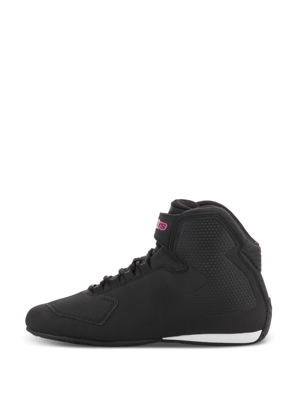 Alpinestars Stella Sektor Damenschuhe, Motorradschuhe, Schwarz und Fuchsia, Seitenprofil mit schwarzem Mikrofaser-Obermaterial, pinkfarbenes Logo am Knöchelriemen und weißer Akzent an der Ferse.