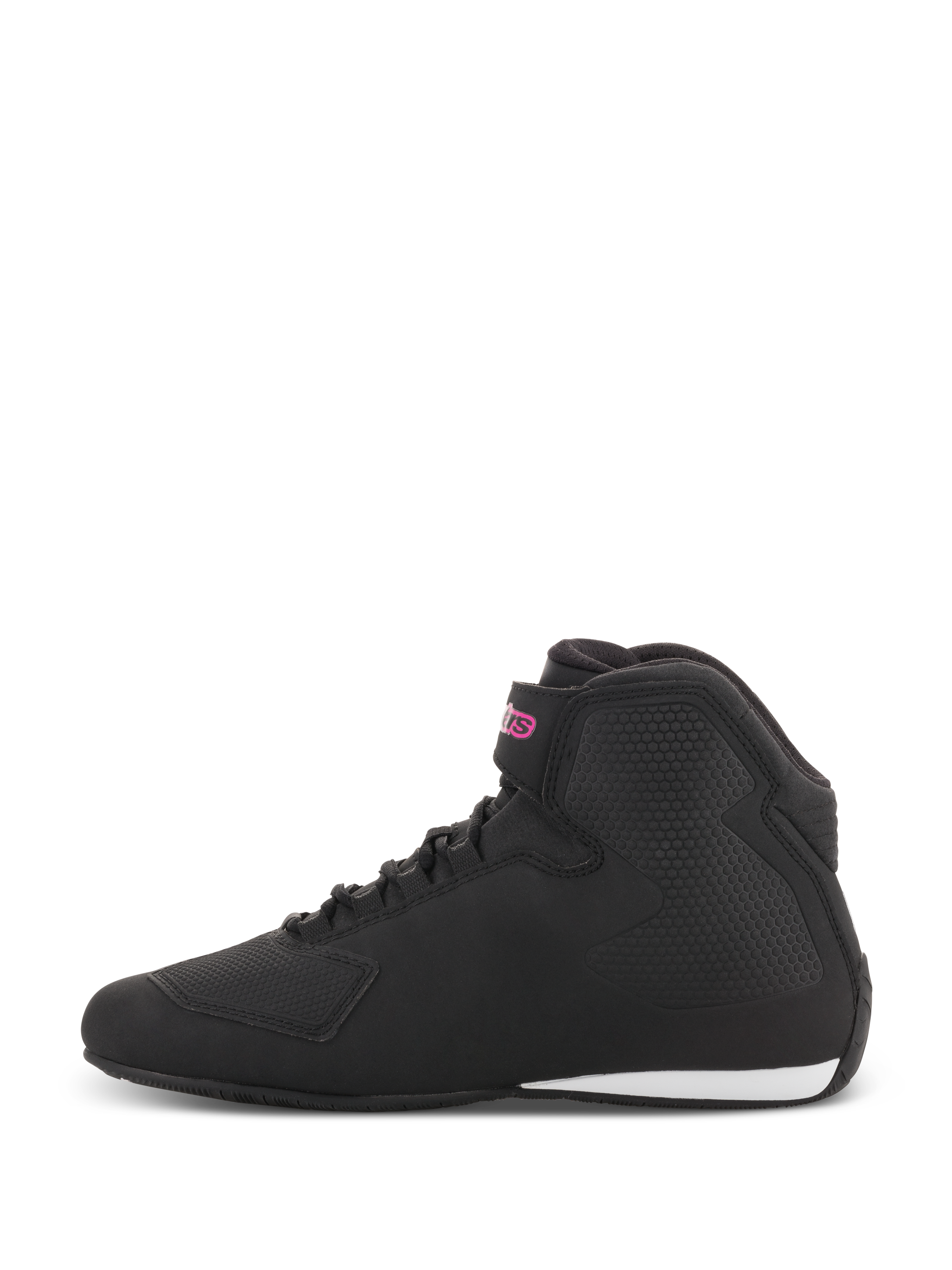 Alpinestars Stella Sektor Damenschuhe, Motorradschuhe, Schwarz und Fuchsia, Seitenprofil mit schwarzem Mikrofaser-Obermaterial, pinkfarbenes Logo am Knöchelriemen und weißer Akzent an der Ferse.
