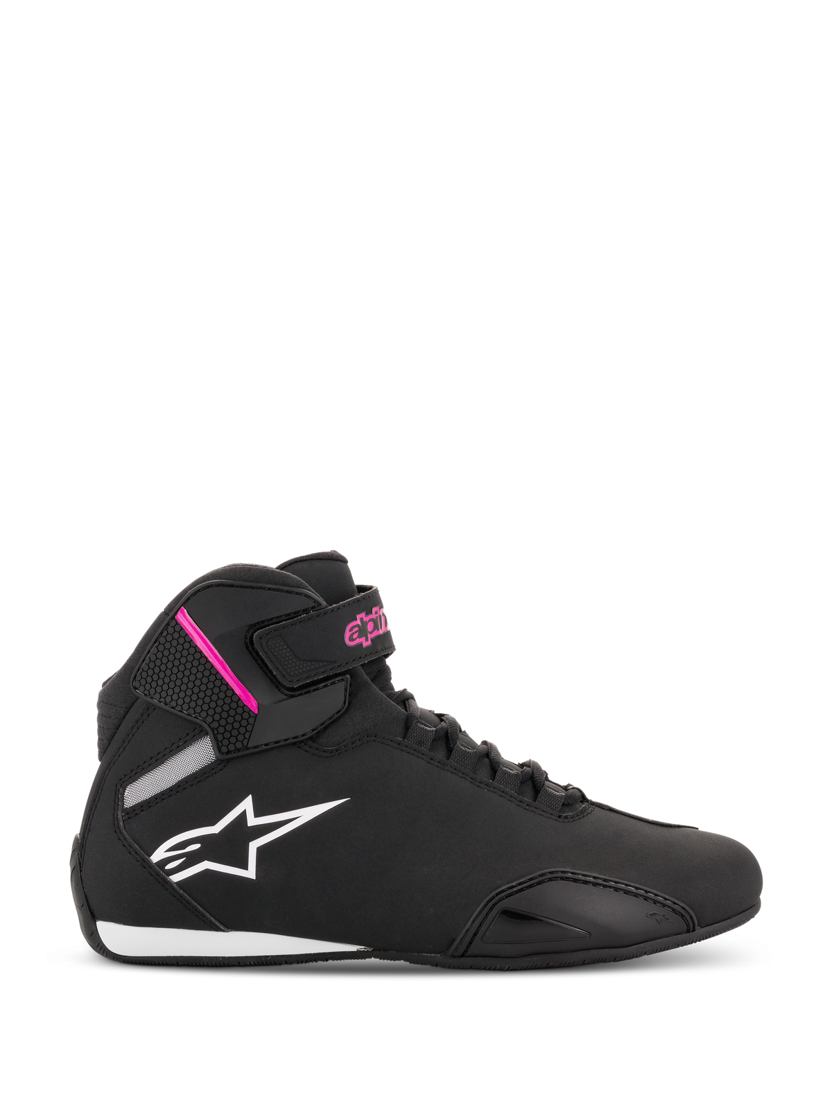 Alpinestars Women Stella Sektor Shoes, Black and Fuchsia high-top motorcycle riding shoes, white star logo, pink accents on ankle strap, black laces, white and black sole, lightweight microfiber construction